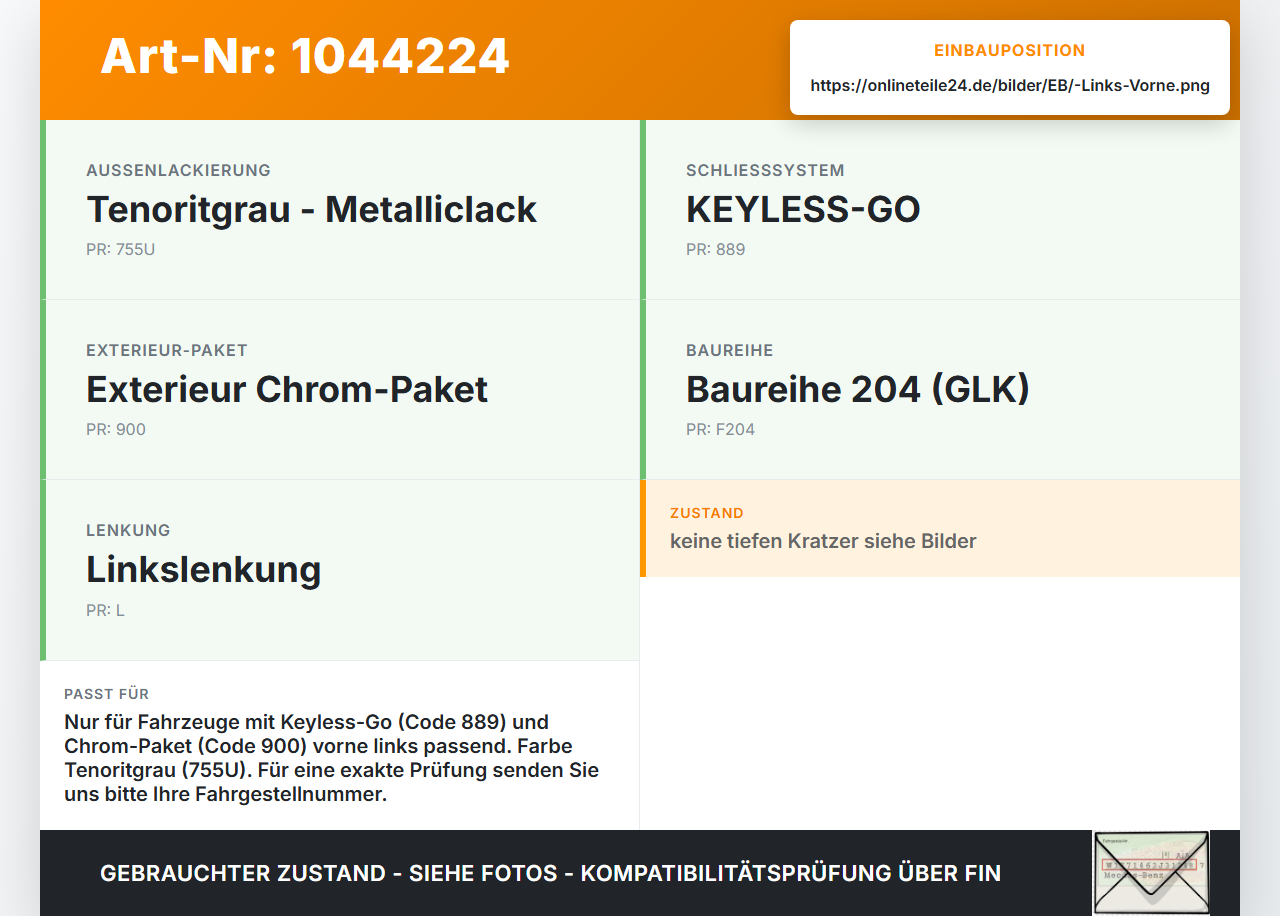 Mercedes X204 08-12 Türgriff Griff aussen Links Vorne Keyless Entry 755U Mercedes X204 08-12 04.12.2009 A2047600934... Vorschau 3
