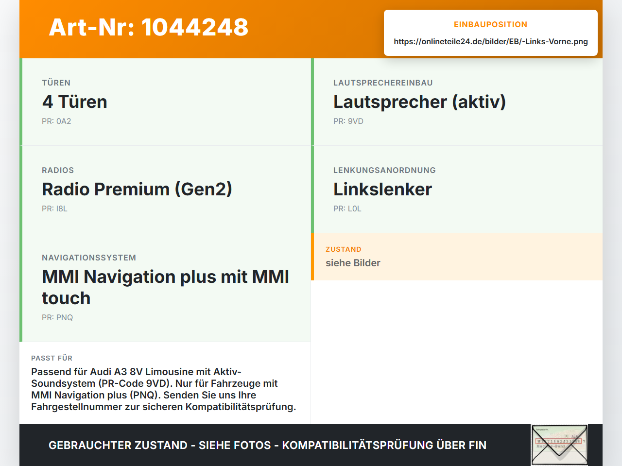 Audi A3 8V 8VS 16-20 Lautsprecher Links Vorne Audi A3 8V 8VS 16-20 18.12.2019 8V0035415D gebraucht Vorschau 3