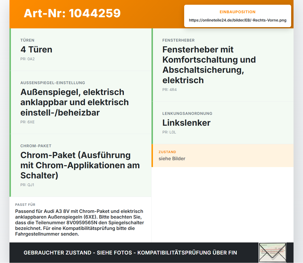 Audi A3 8V 8VS 16-20 Lim Fensterheberschalter Schalter Rechts Vorne Audi A3 8V 8VS 16-20 18.12.2019 8V0959565N... Vorschau 3
