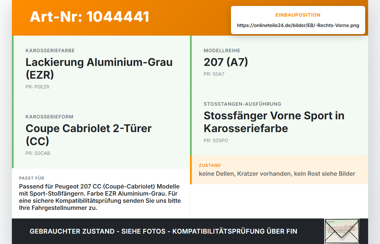 Peugeot 207 CC 07-09 Kotflügel Rechts Vorne EZR Peugeot 207 CC 07-09 30.09.2008 7841V0 gebraucht Vorschau 3