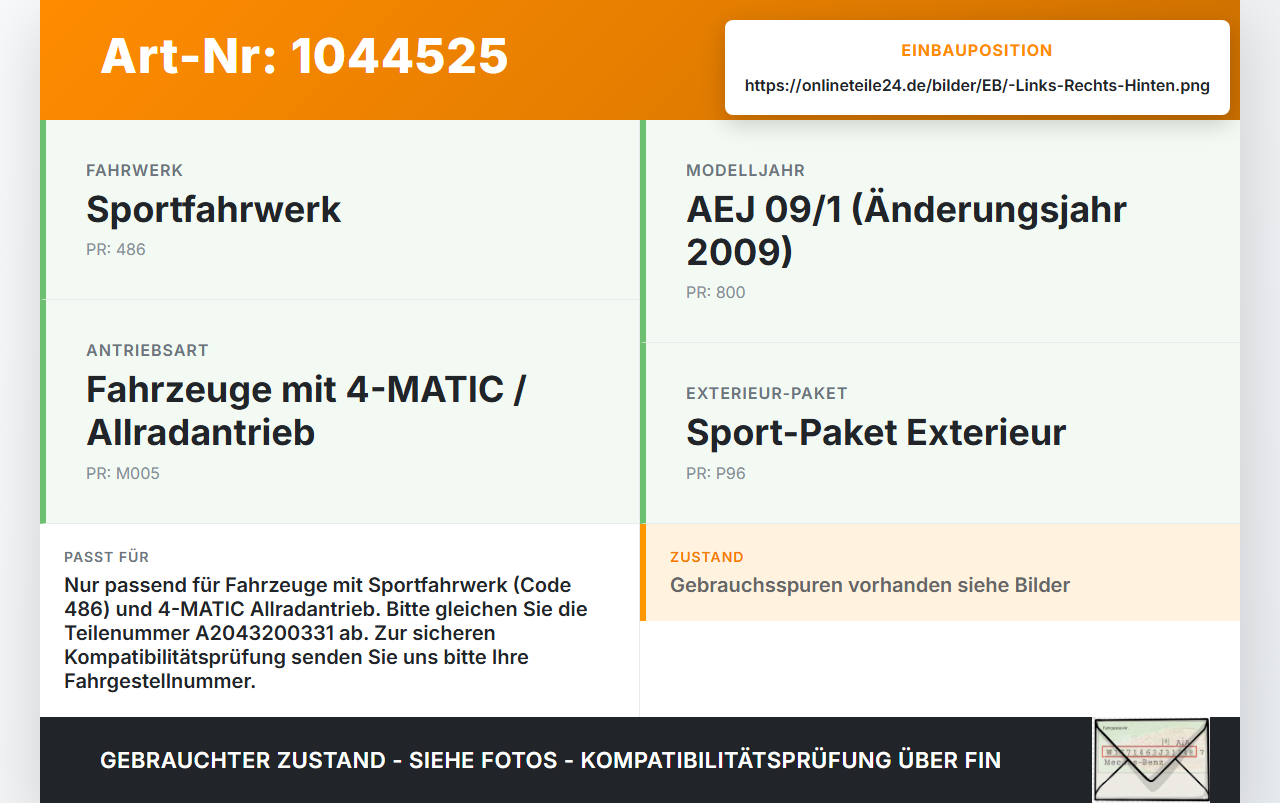 Mercedes X204 08-12 Stossdämpfer Links und Rechts Hinten Orig. Mercedes X204 08-12 04.12.2009 A2043200331 gebraucht Vorschau 3