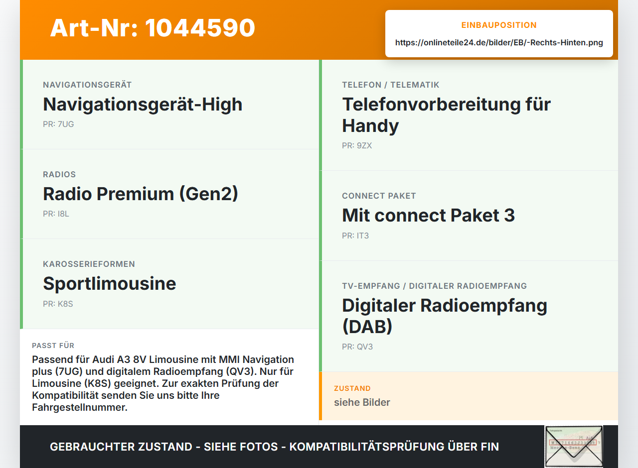 Audi A3 8V 8VS 16-20 Antenne Empfänger Rechts Hinten Audi A3 8V 8VS 16-20 18.12.2019 4M0035507 920-391-011 gebraucht Vorschau 3
