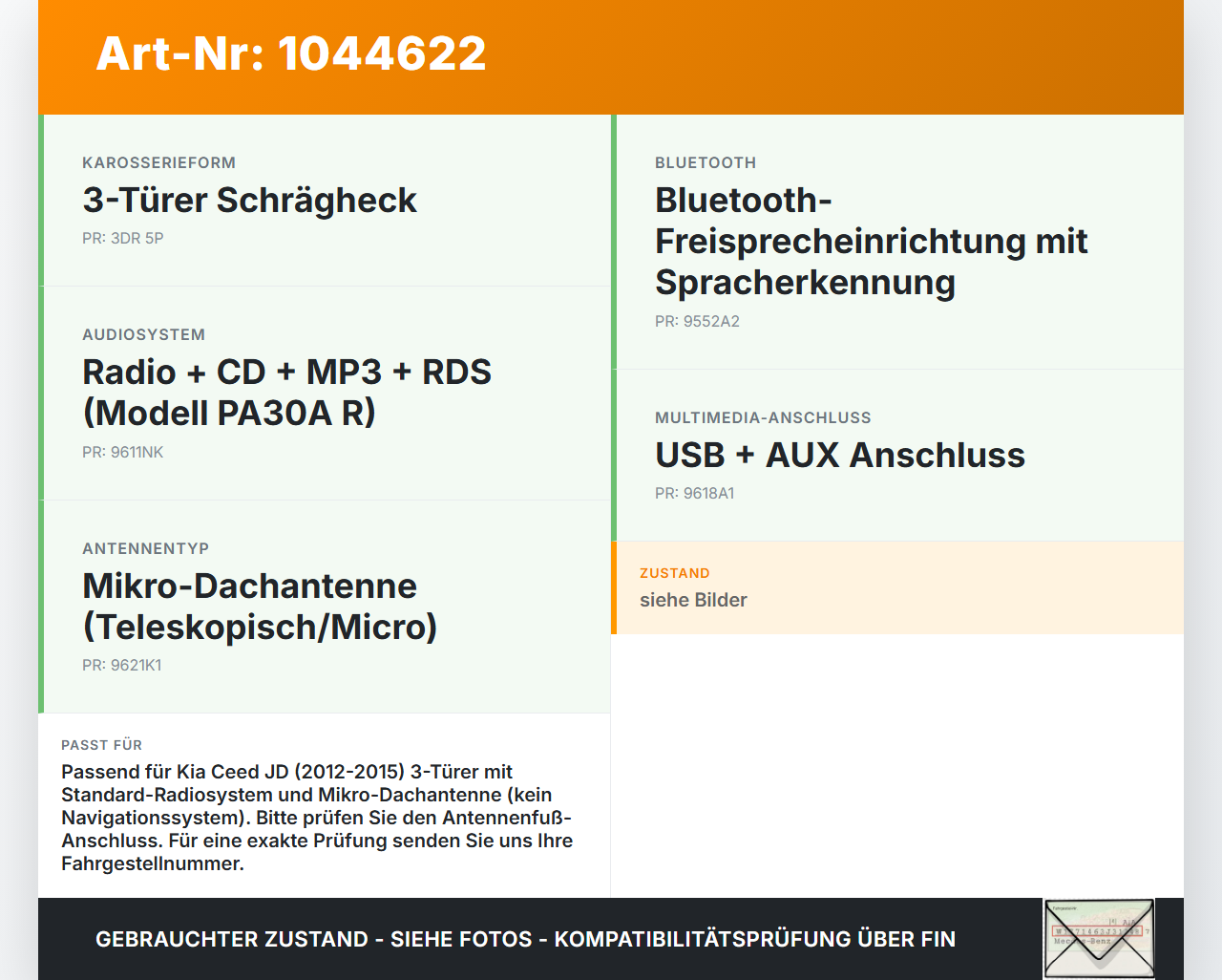 Kia Ceed JD 12-15 Antenne Dachantenne Kia Ceed JD 12-15 03.05.2013 96205A2000 gebraucht Vorschau 3