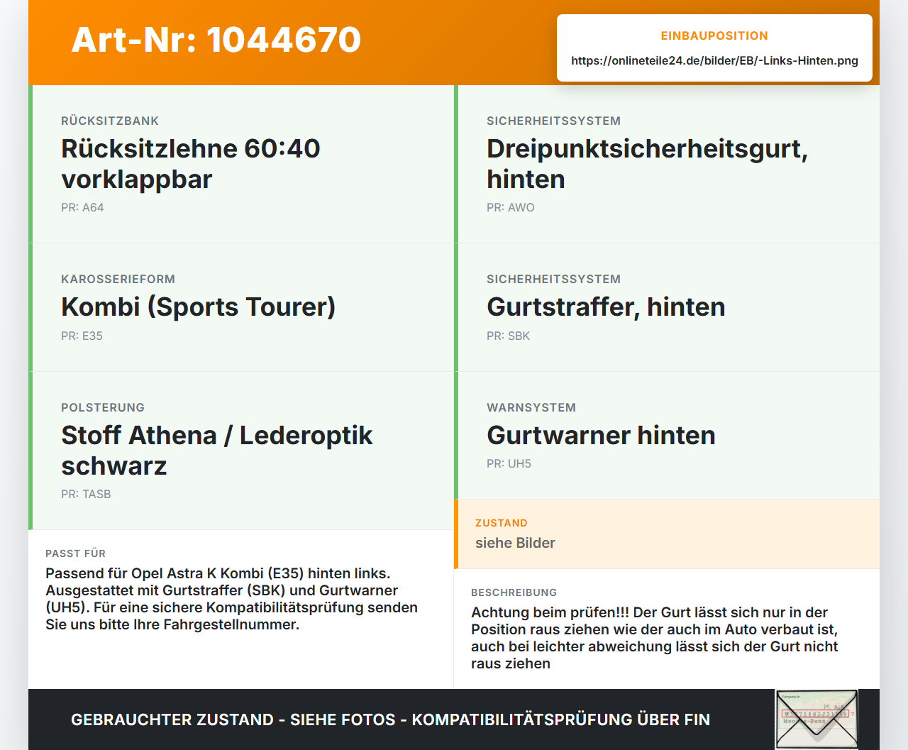 Opel Astra K B16 15-19 Kombi Gurt Sicherheitsgurt Gurtstraffer Links Hinten Opel Astra K B16 15-19 07.06.2017... Vorschau 3