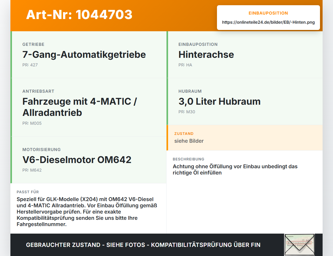 Mercedes X204 08-12 3.0 165KW 4WD Differential Hinterachsgetriebe Hinten Mercedes X204 08-12 04.12.2009 A2043500614... Vorschau 3