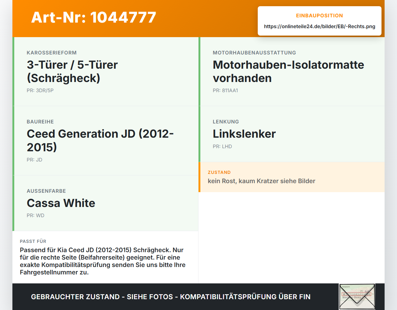 Kia Ceed JD 12-15 Lim Scharnier für Motorhaube Motorhaubenscharnier Rechts Kia Ceed JD 12-15 03.05.2013 79120A2000... Vorschau 3