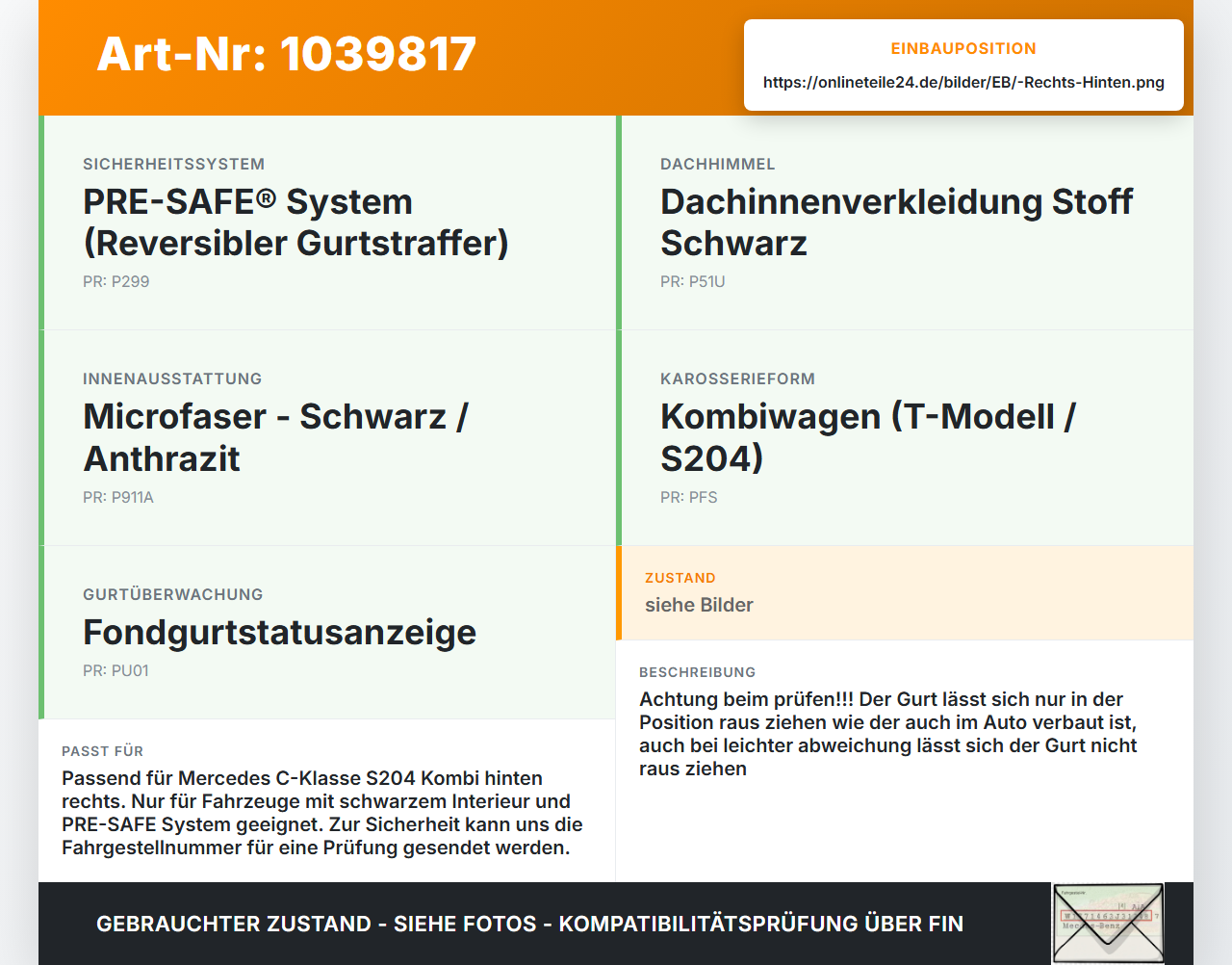 Mercedes W204 S204 C250 07-14 Kombi Gurt Sicherheitsgurt Gurtstraffer Rechts Hinten Mercedes W204 S204 C250 07-14... Vorschau 3