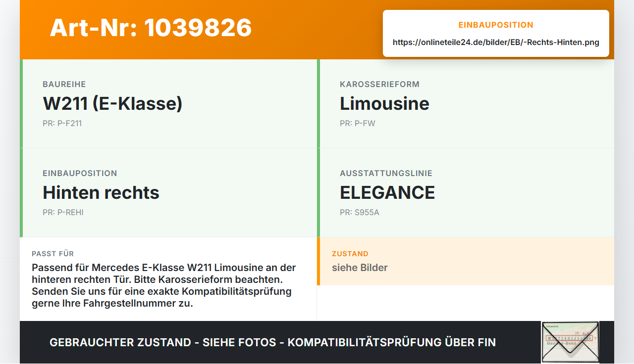 Mercedes W211 E200 02-06 Lim Türfangband Türbremse Türanschlag Rechts Hinten Mercedes W211 E200 02-06 27.02.2003... Vorschau 3