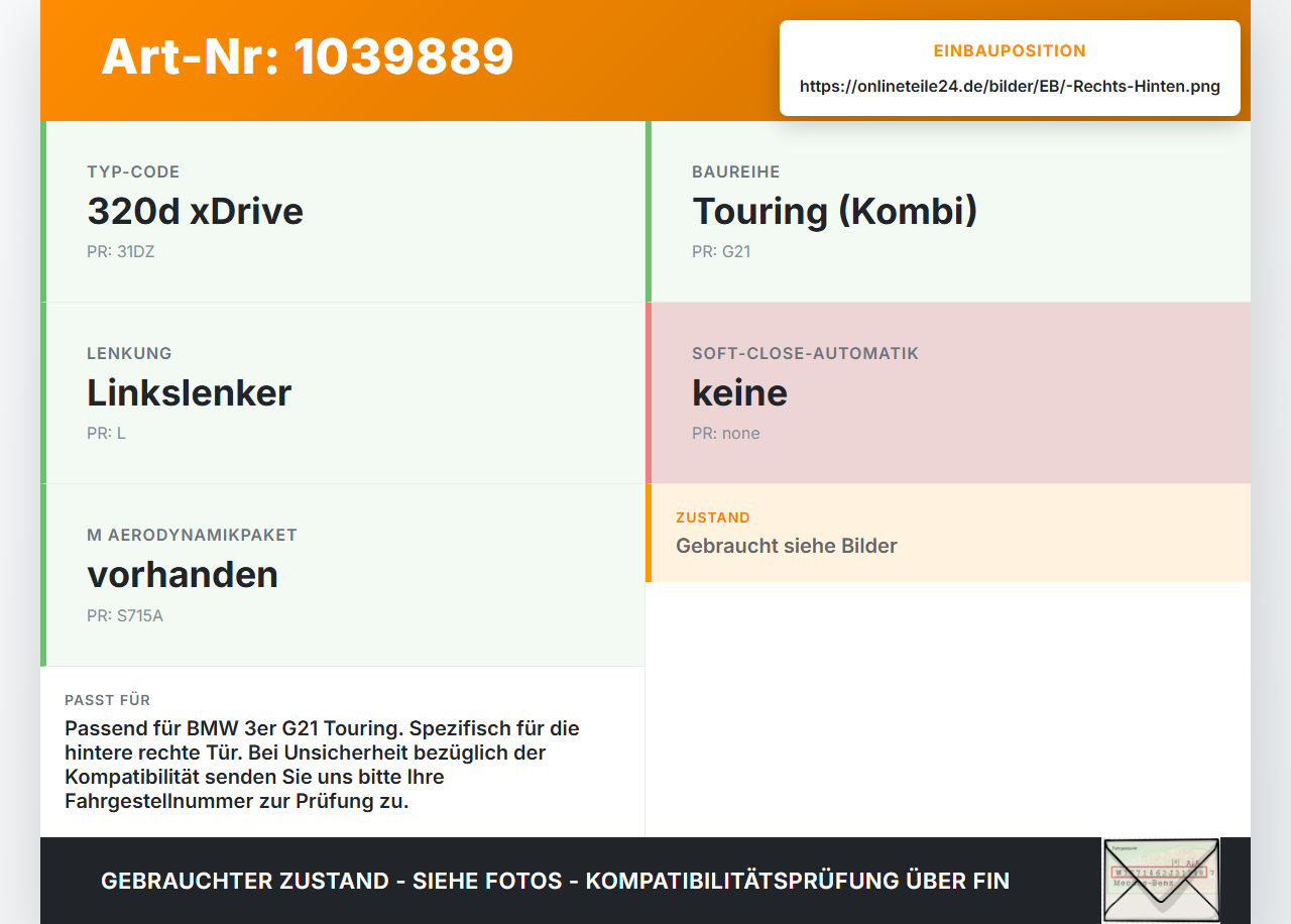 BMW G21 320dx 3er 19-22 Kombi Türfangband Türbremse Türanschlag Rechts Hinten BMW G21 320dx 3er 19-22 17.09.2020... Vorschau 3