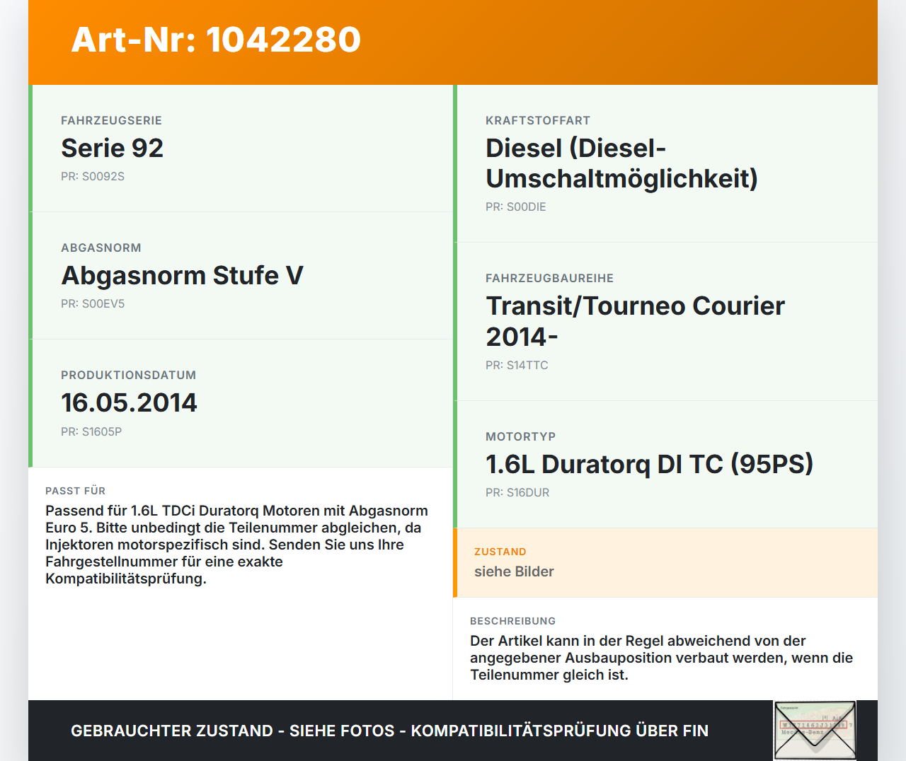 Ford Transit Courier 14-18 TDCi 1,6 70KW Einspritzdüse Injektor Pos.2 Ford Transit Courier 14-18 04.07.2014... Vorschau 3