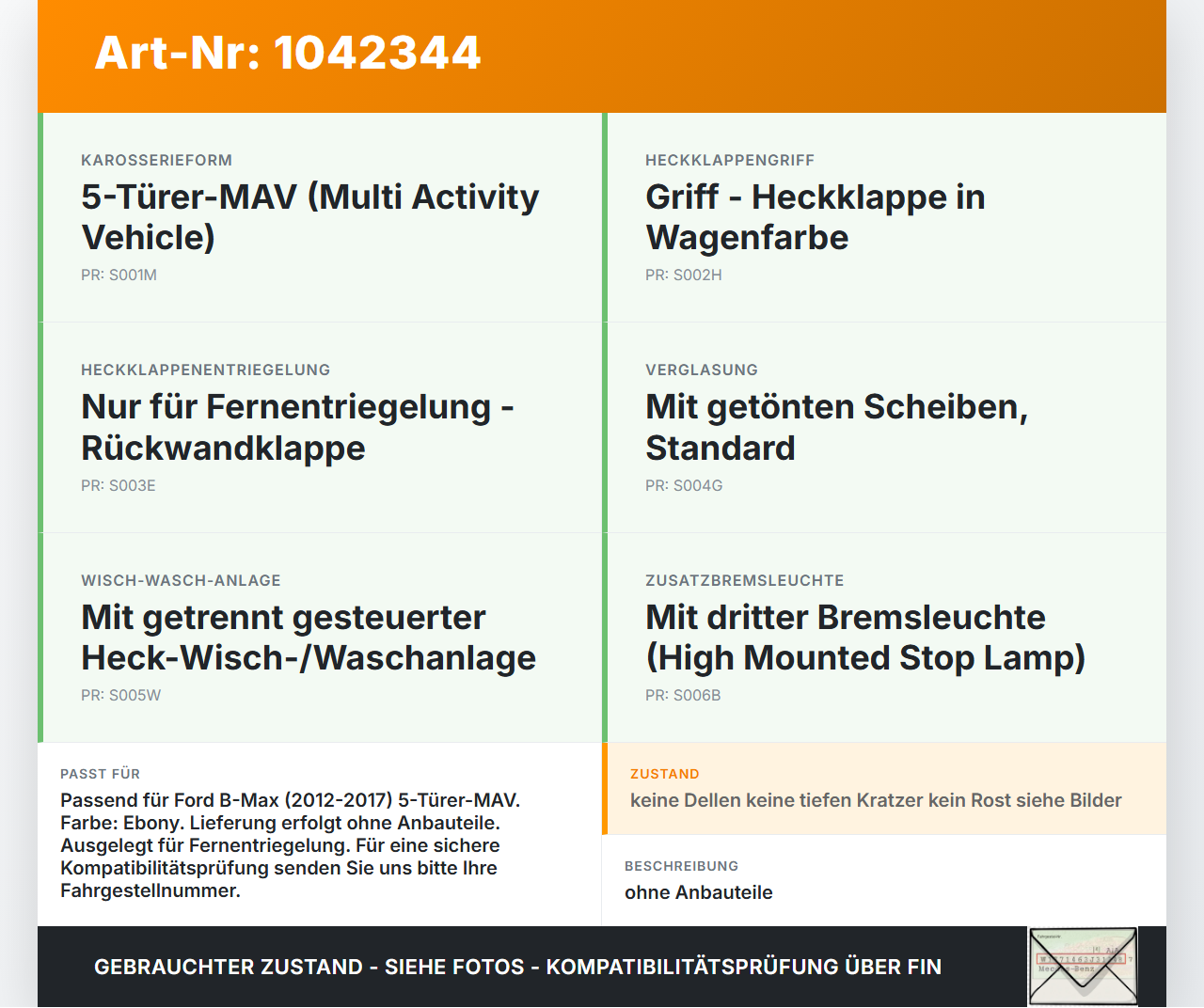 Ford B-Max JK 12-17 Heckklappe Kofferraumdeckel DC Ford B-Max JK 12-17 03.04.2014 PAV11-R40400-AB 2100966 gebraucht Vorschau 3