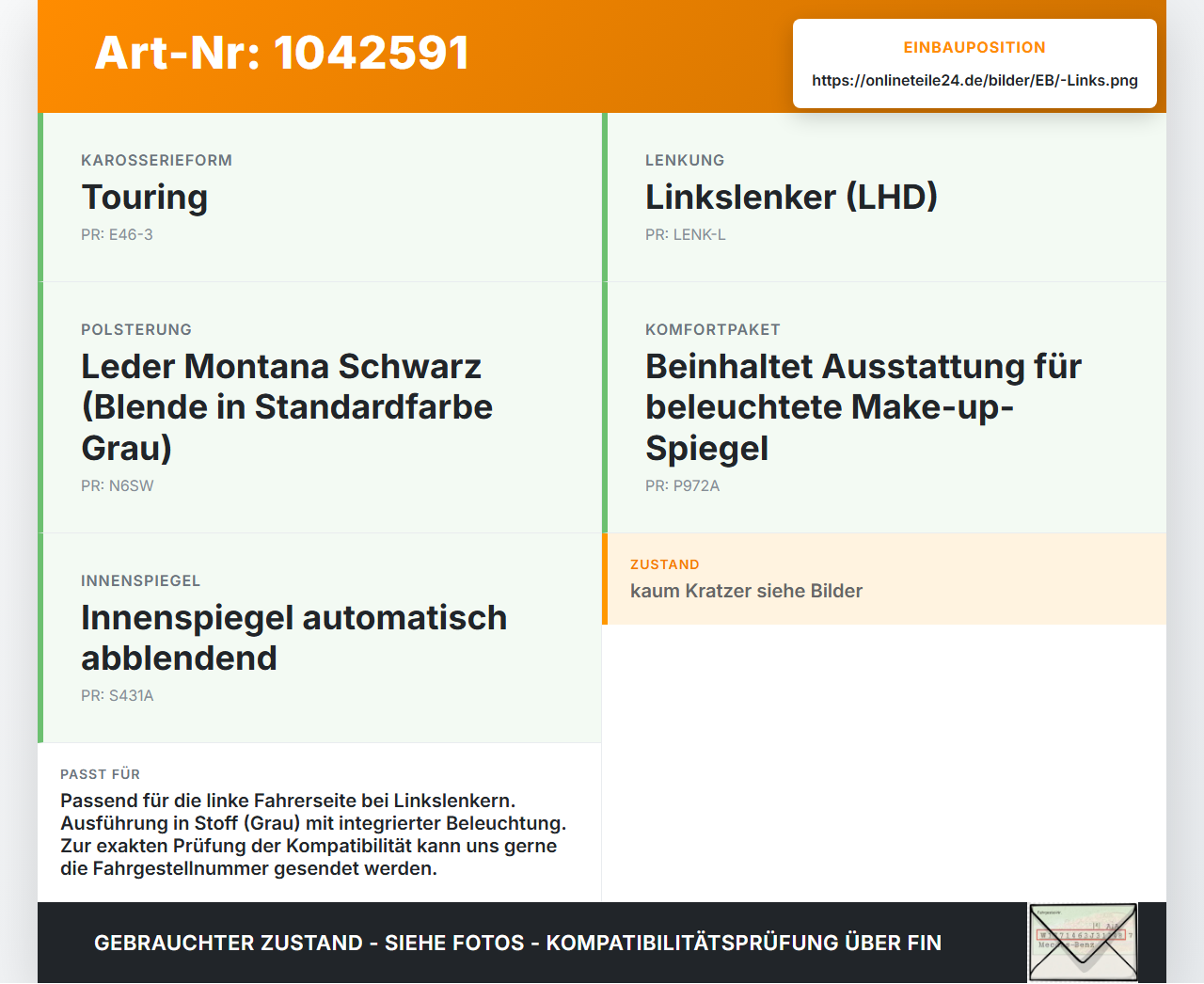 BMW E46 325i 02-06 Sonnenblende Links für Fahrer BMW E46 325i 02-06 04.03.2003 2699047 51162699047 5116-2699047... Vorschau 3