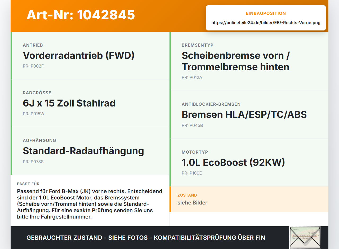 Ford B-Max JK 12-17 1,0 92KW Achsschenkel Radnabe Rechts Vorne Ford B-Max JK 12-17 03.04.2014 AY1C-3K170-B1A gebraucht Vorschau 3