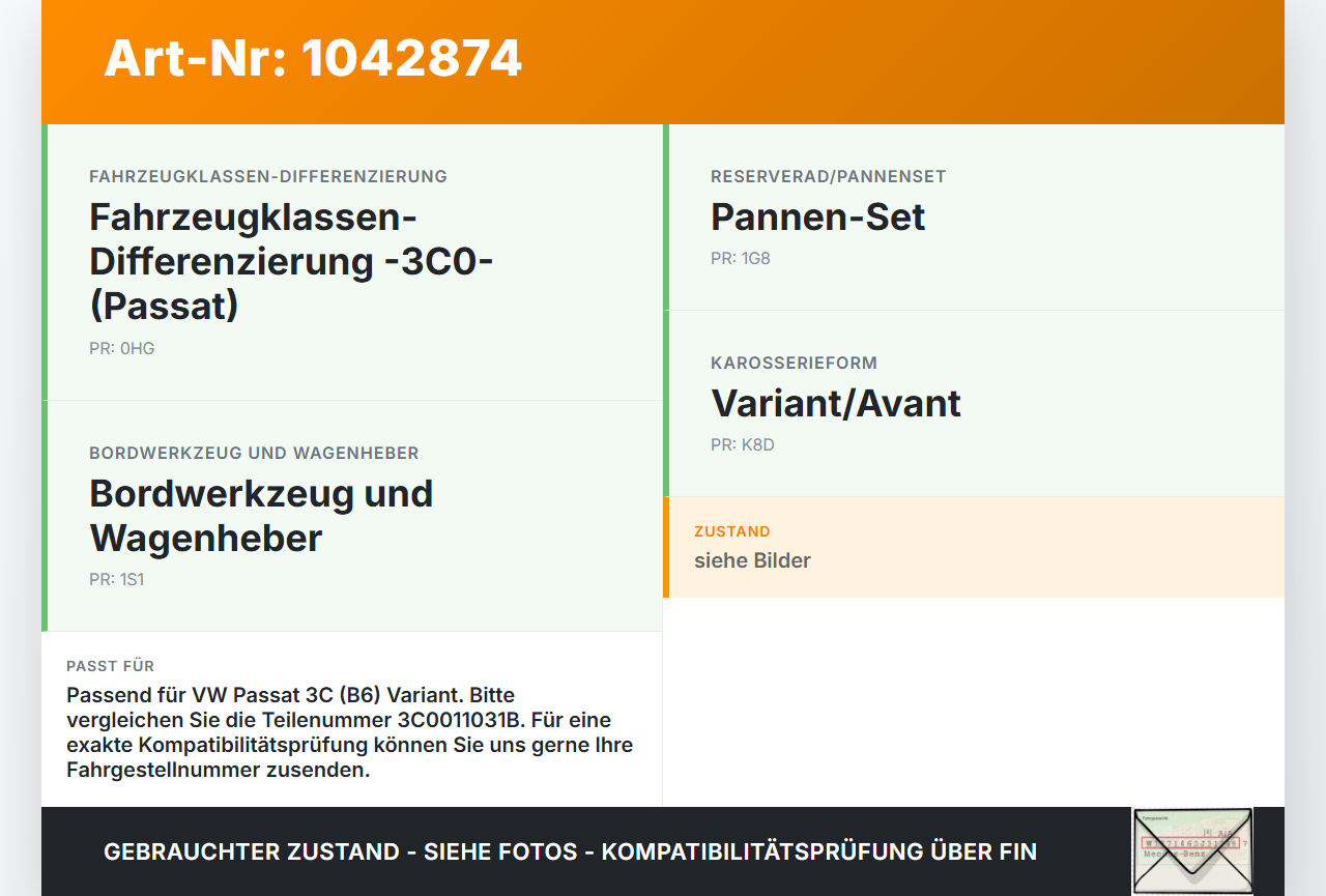VW Passat 3C B6 05-10 Original Wagenheber VW Passat 3C B6 05-10 07.12.2006 3C0011031B gebraucht Vorschau 3