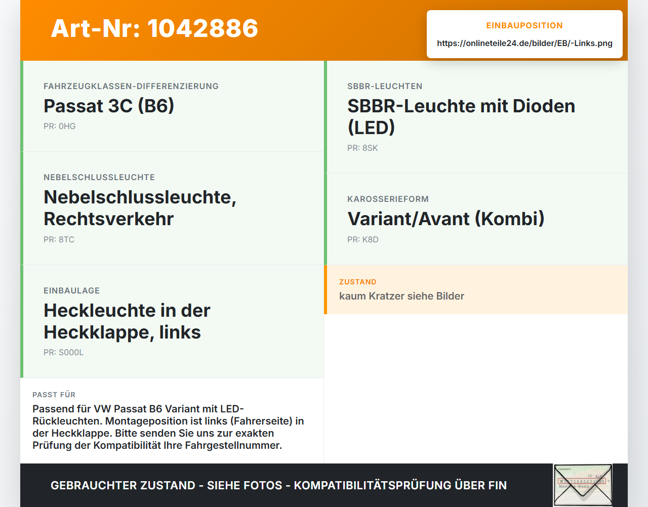 VW Passat 3C B6 05-10 Kombi Rückleuchte Heckleuchte Klappe Links VW Passat 3C B6 05-10 07.12.2006 3C9945093 gebraucht Vorschau 3