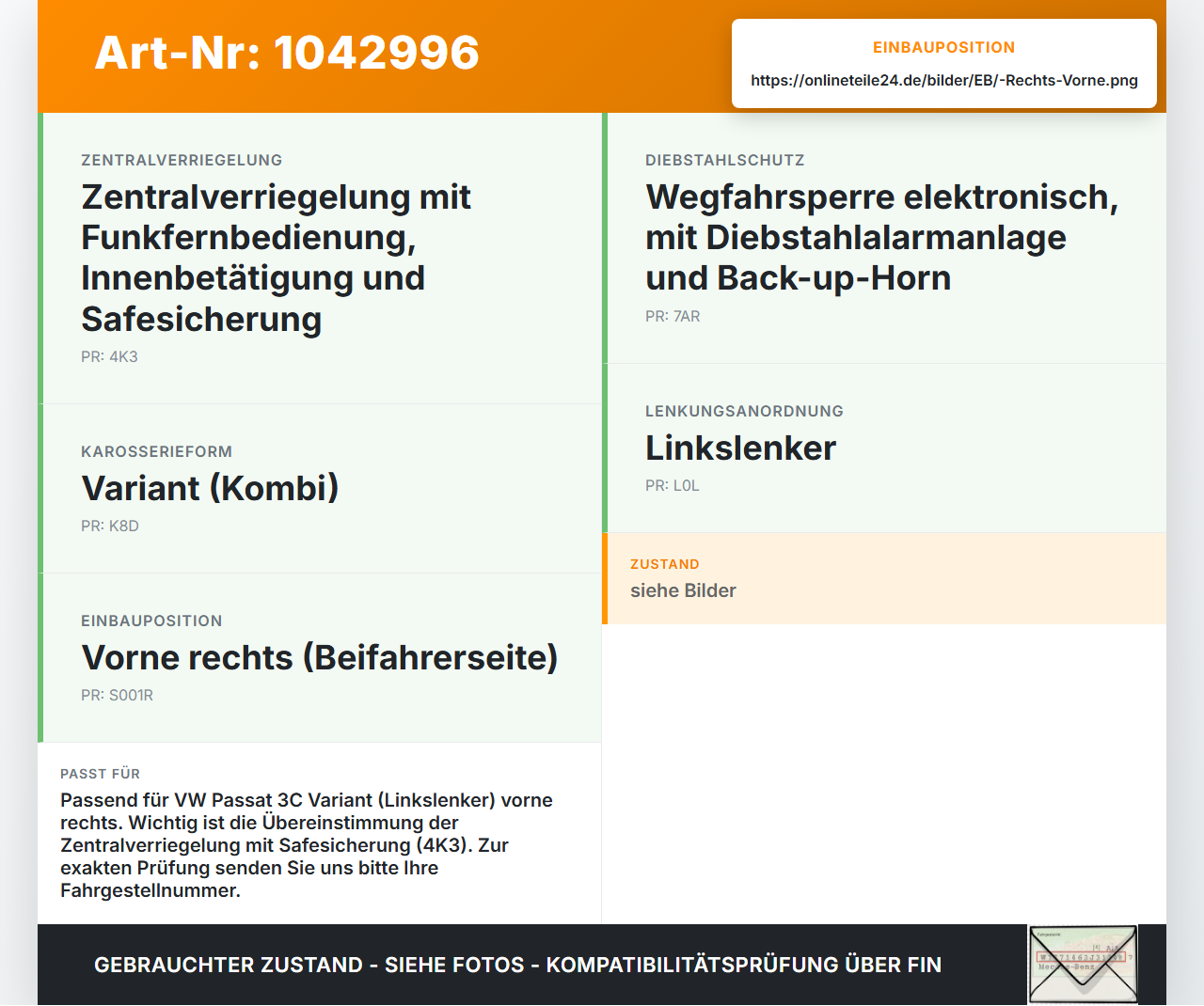 VW Passat 3C B6 05-10 Kombi Türschloss m. ZV Stellmotor Rechts Vorne VW Passat 3C B6 05-10 07.12.2006 3C1837016A... Vorschau 3