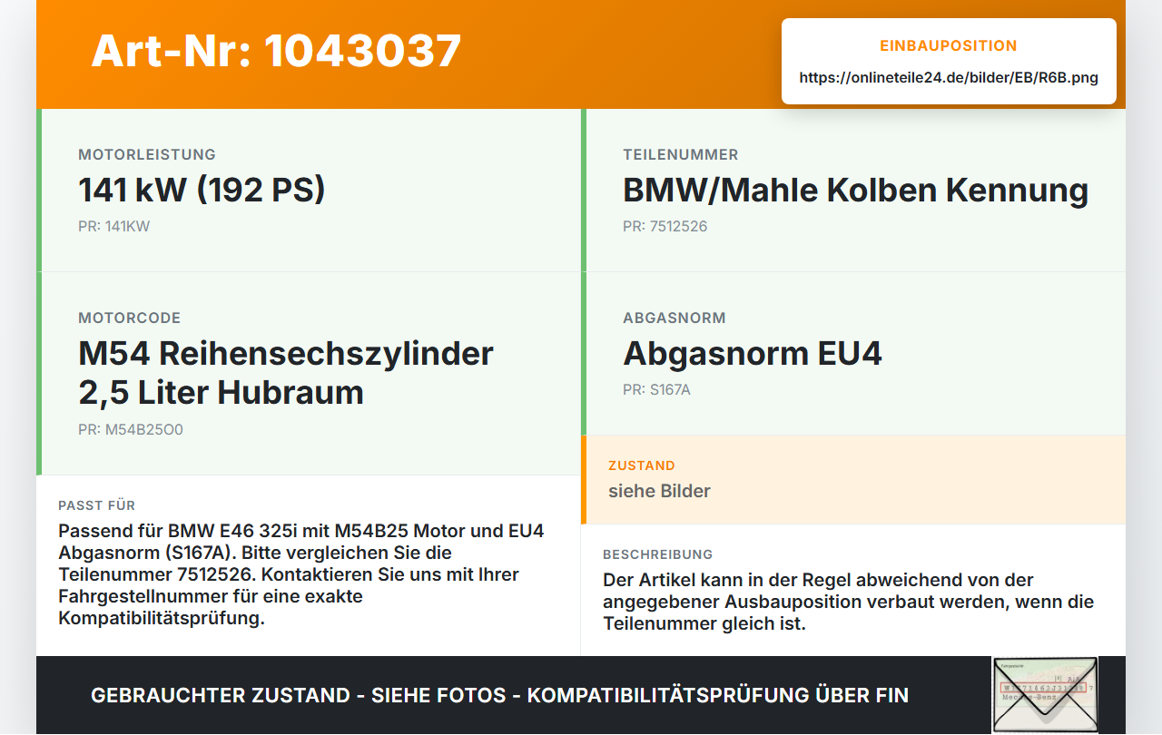 BMW E46 325i 02-06 2,5i 141KW M54B25O0 Kolben mit Pleuel Pos B BMW E46 325i 02-06 04.03.2003 1125-7512526 7512526... Vorschau 3
