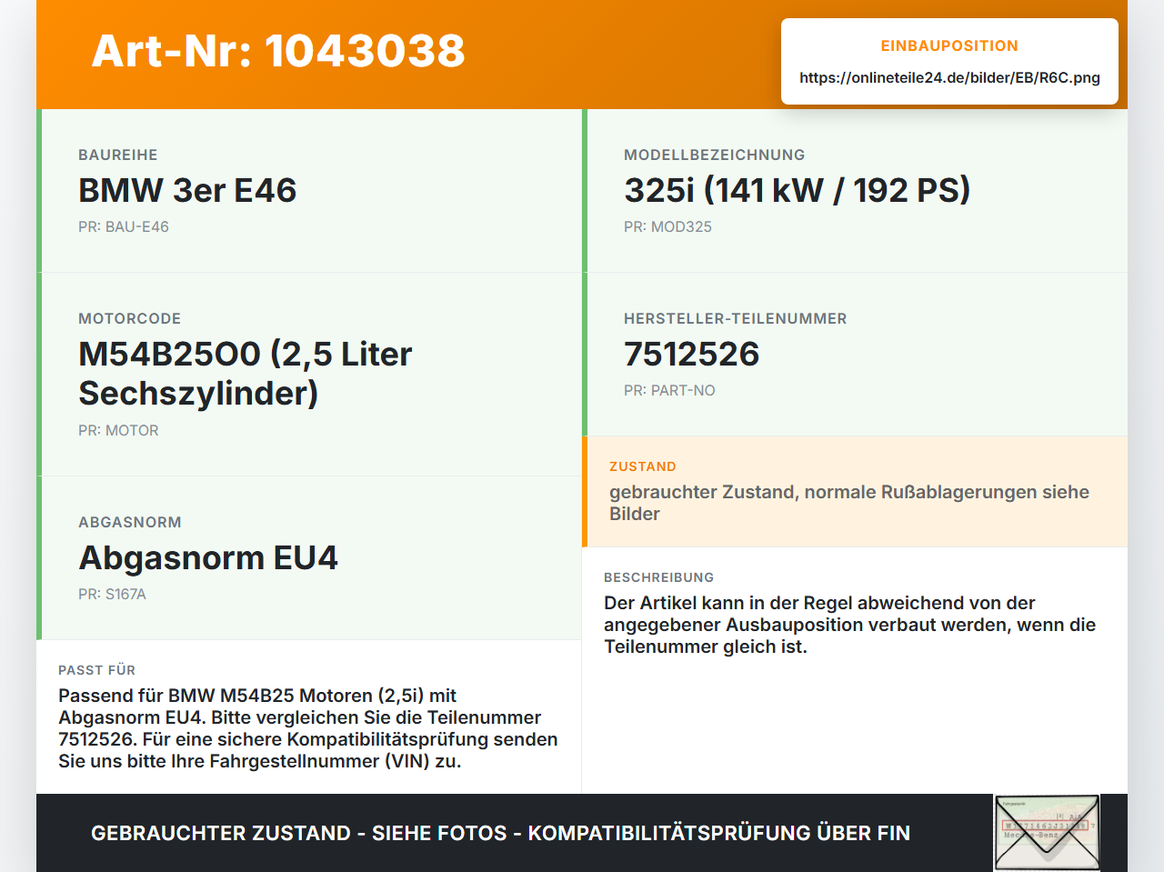 BMW E46 325i 02-06 2,5i 141KW M54B25O0 Kolben mit Pleuel Pos C BMW E46 325i 02-06 04.03.2003 1125-7512526 7512526... Vorschau 3