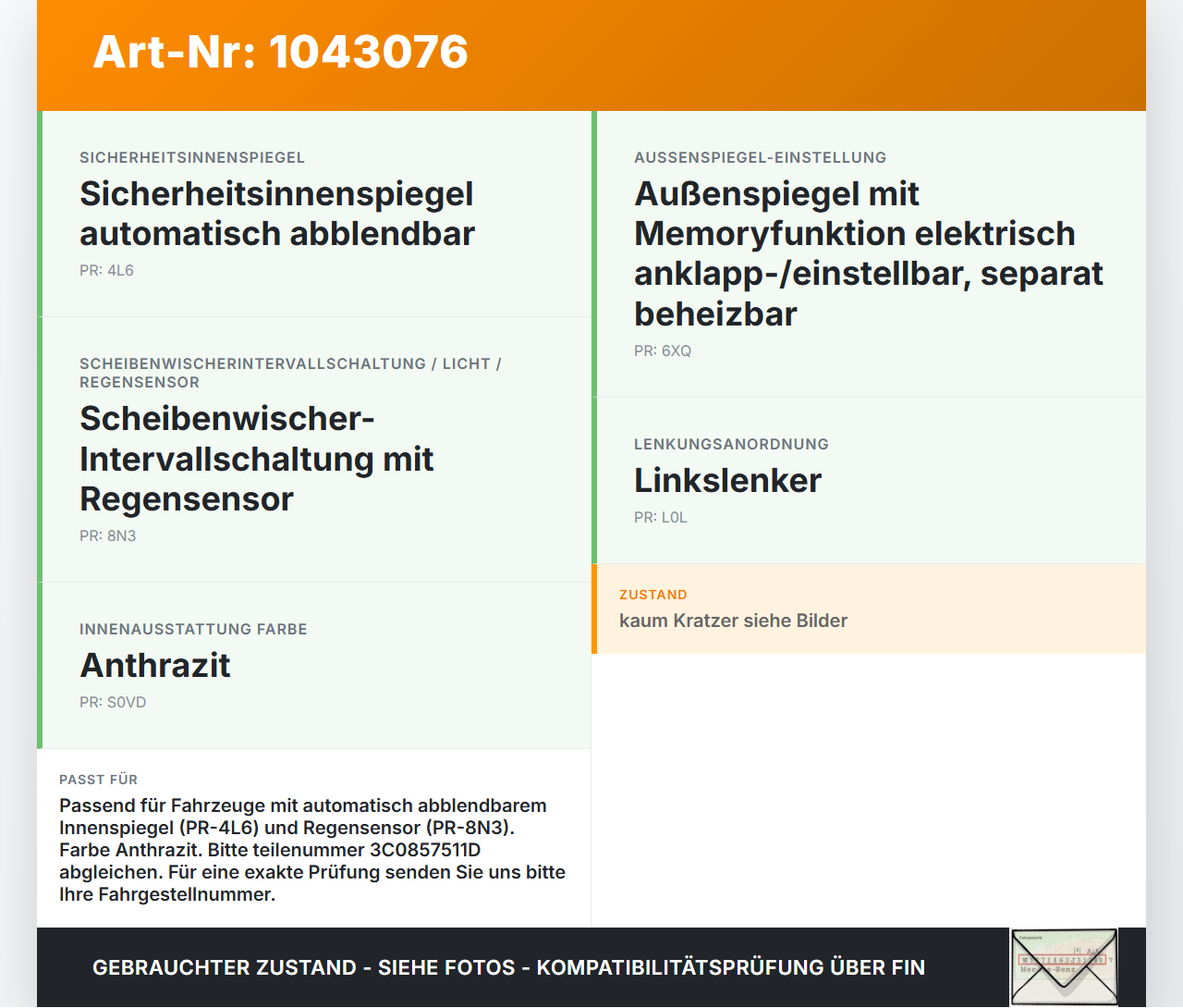 VW Passat 3C B6 05-10 Innenspiegel Rückspiegel Spiegel Innen VW Passat 3C B6 05-10 07.12.2006 3C0857511D 8539204S... Vorschau 3