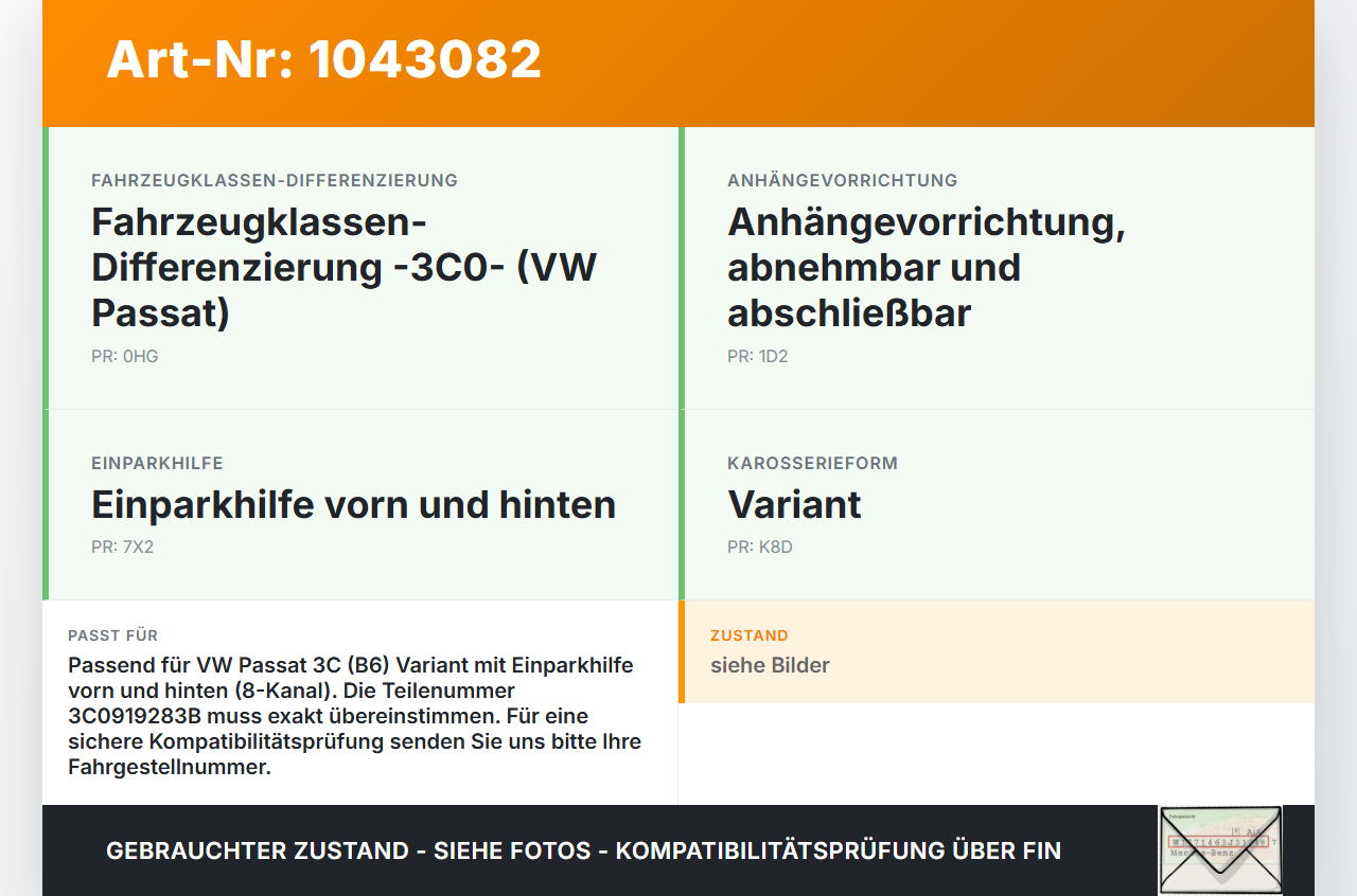 VW Passat 3C B6 05-10 Steuergerät SG PDC Parkhilfe 8K VW Passat 3C B6 05-10 07.12.2006 3C0919283B 601.903... Vorschau 3