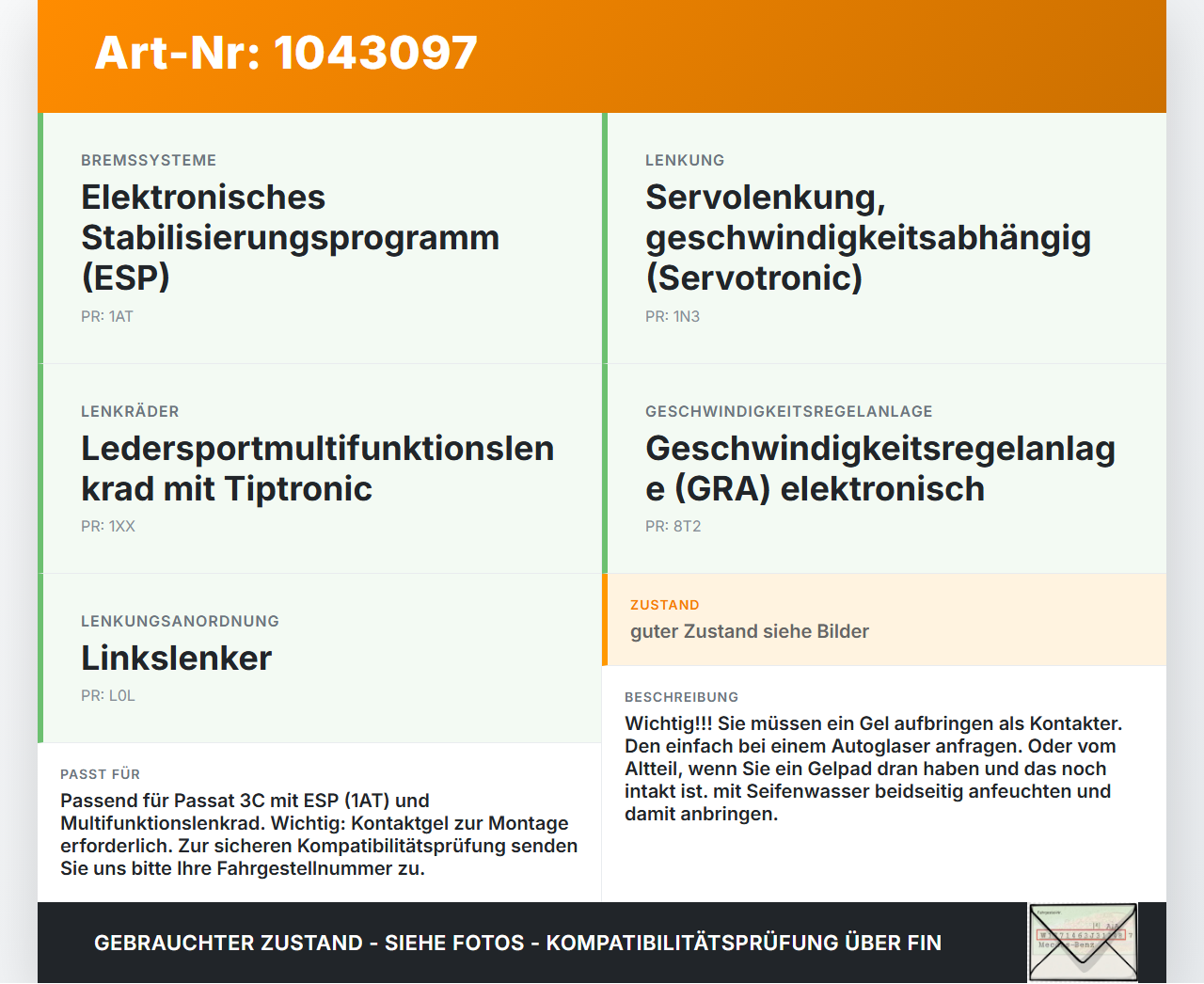 VW Passat 3C B6 05-10 Lenkwinkelsensor VW Passat 3C B6 05-10 07.12.2006 3C0959654 gebraucht Vorschau 3