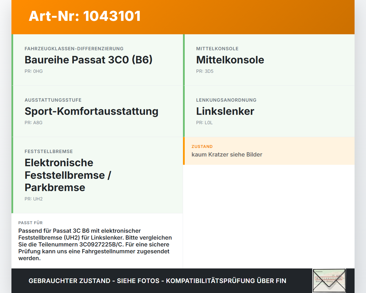 VW Passat 3C B6 05-10 Schalter Handbremsschalter VW Passat 3C B6 05-10 07.12.2006 3C0927225B gebraucht Vorschau 3