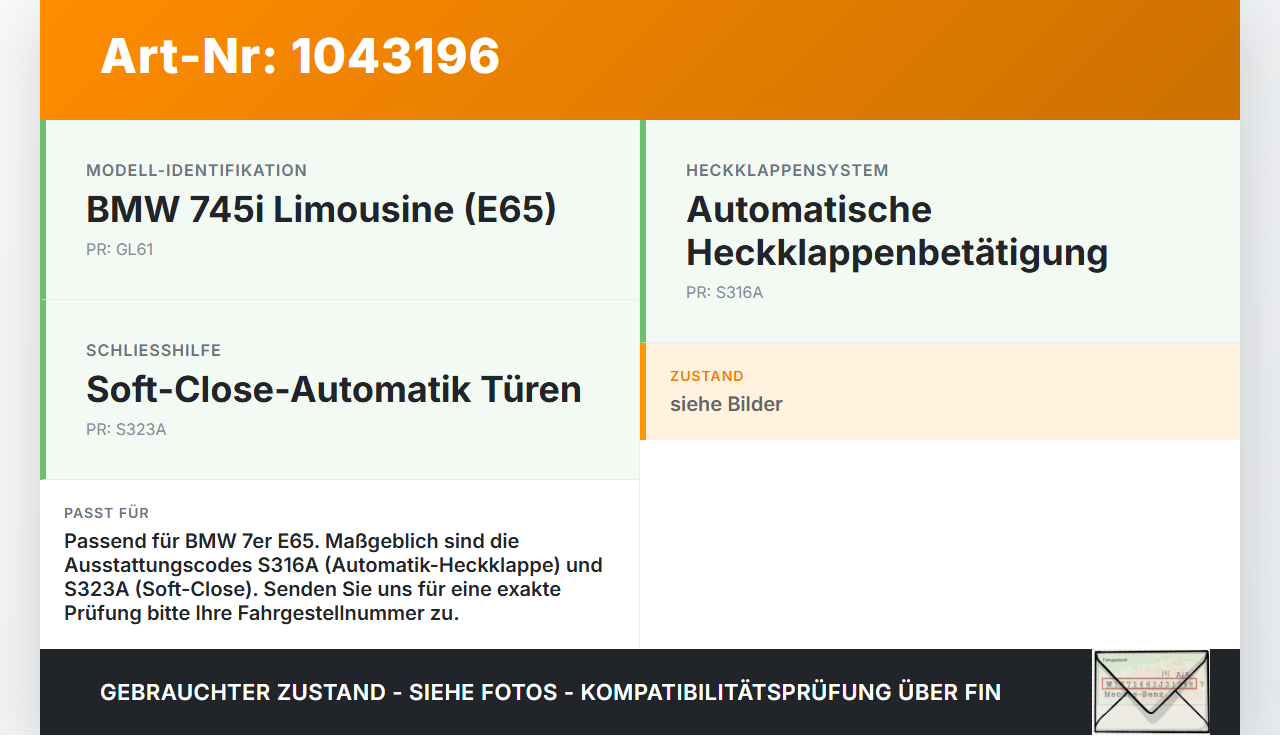 BMW E65 7er 01-05 Schloss f. Heckklappe Heckklappenschloss Verriegelung BMW E65 7er 01-05 11.09.2003 7197081... Vorschau 3