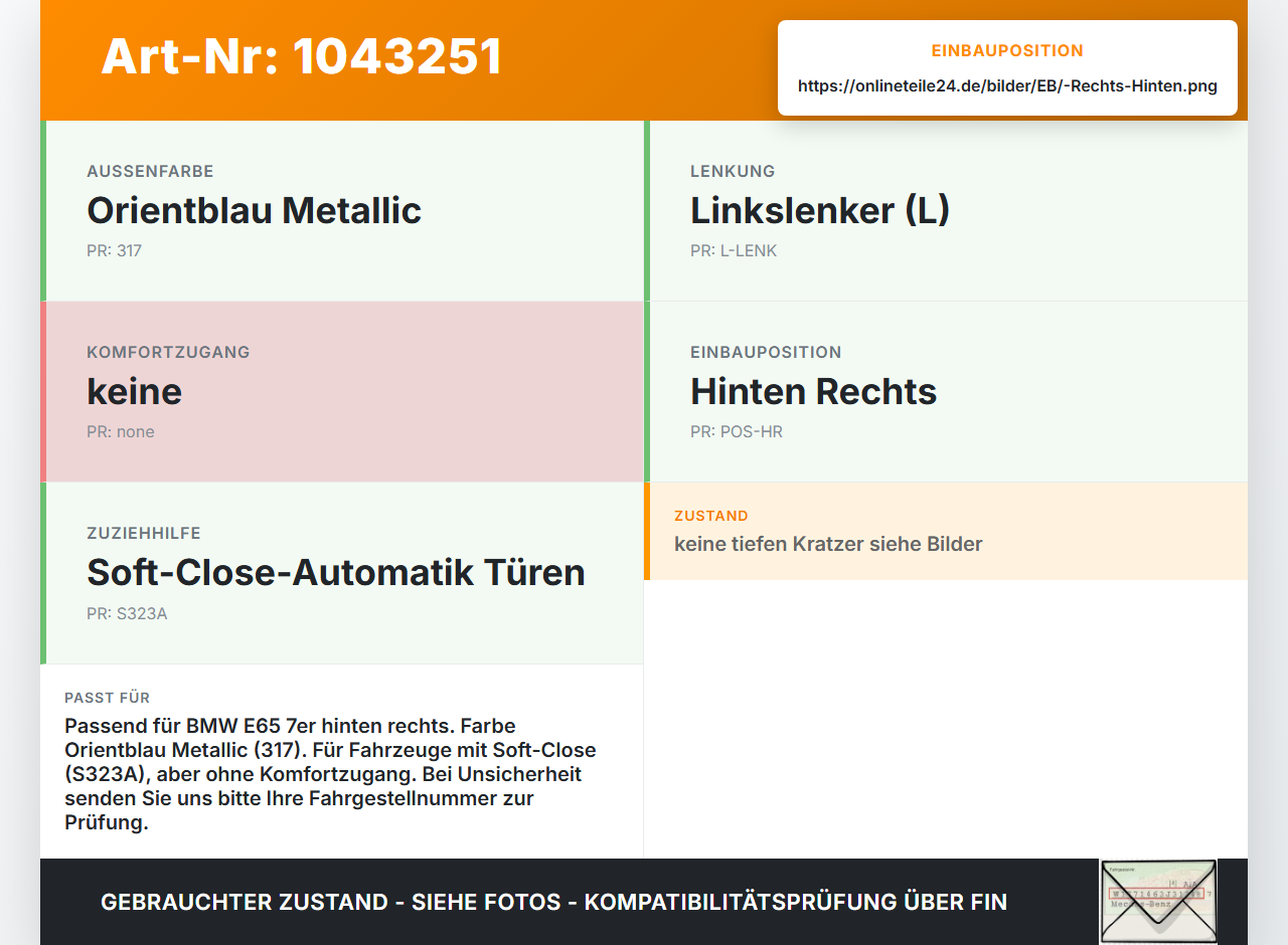 BMW E65 7er 01-05 Türgriff Griff aussen Rechts Hinten 317 BMW E65 7er 01-05 11.09.2003 7191892 51217191892 gebraucht Vorschau 3
