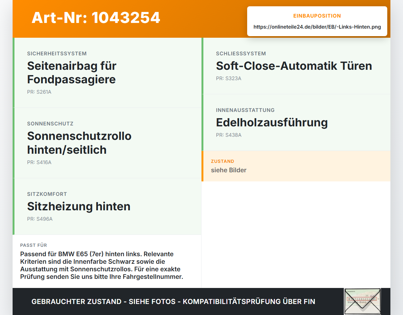 BMW E65 7er 01-05 Lim Türgriff Griffmuschel Griff Innen Links Hinten BMW E65 7er 01-05 11.09.2003 7024303... Vorschau 3