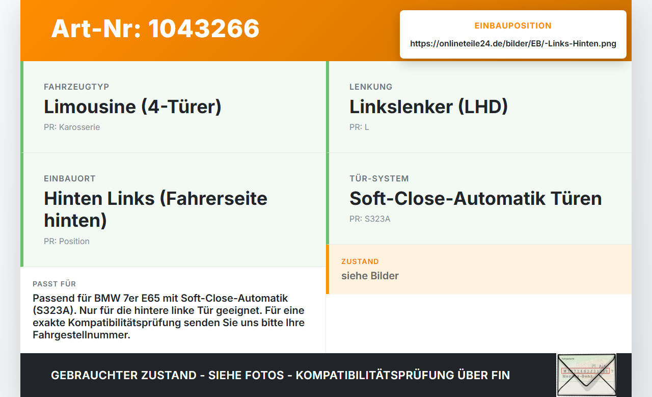 BMW E65 7er 01-05 Türschloss m. ZV Stellmotor Softclose Links Hinten BMW E65 7er 01-05 11.09.2003 7202127... Vorschau 3