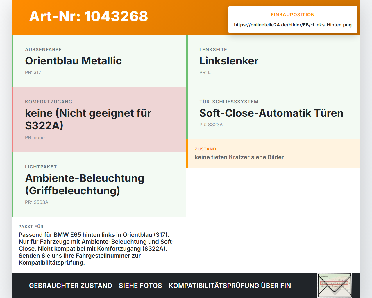 BMW E65 7er 01-05 Türgriff Griff aussen Links Hinten Ambiente Light 317 BMW E65 7er 01-05 11.09.2003 7191891... Vorschau 3