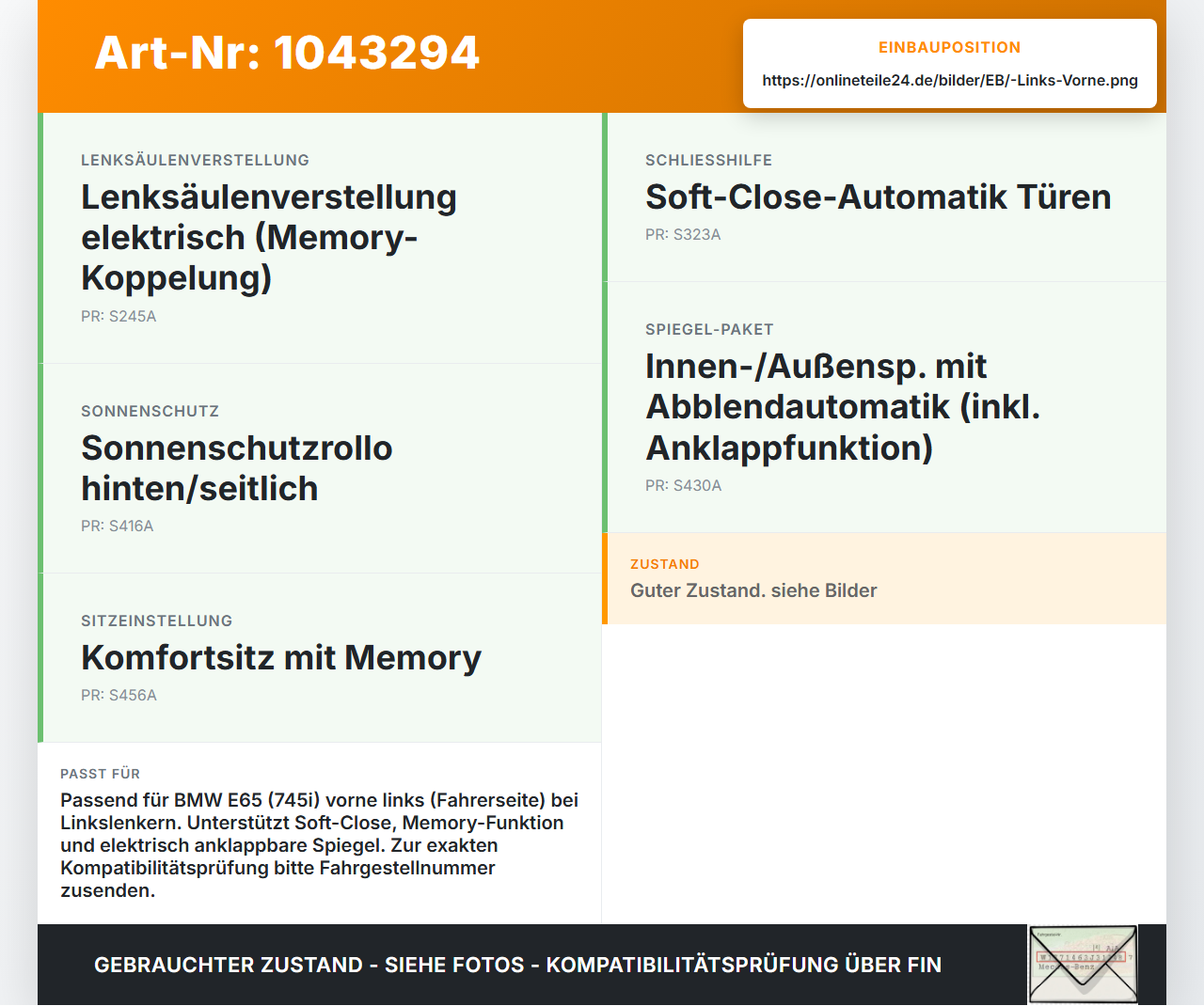 BMW E65 7er 01-05 Steuergerät ECU Modul FT Türsteuergerät Links Vorne BMW E65 7er 01-05 11.09.2003 6964141... Vorschau 3