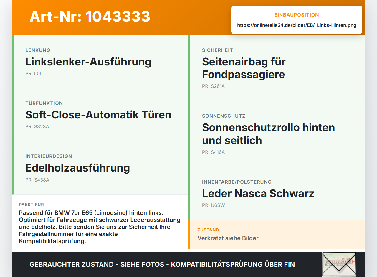 BMW E65 7er 01-05 Lim Türgriff Griffmuschel Griff Innen Links Hinten BMW E65 7er 01-05 11.09.2003 7024303... Vorschau 3