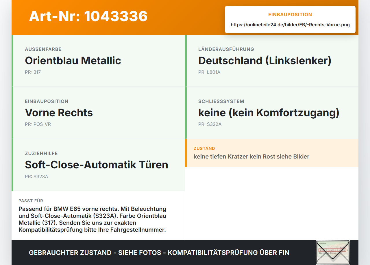 BMW E65 7er 01-05 Türgriff Griff aussen Rechts Vorne mit Beleuchtung 317 BMW E65 7er 01-05 11.09.2003 7191892... Vorschau 3