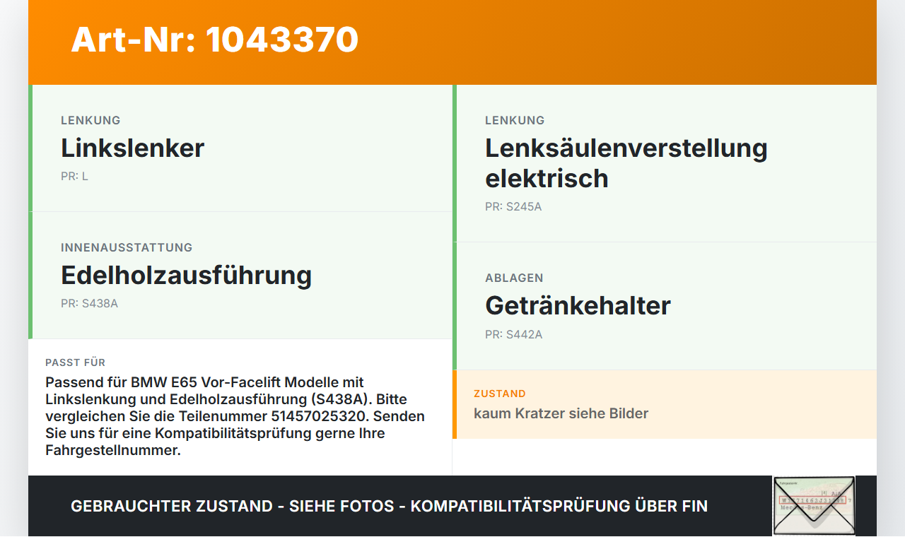 BMW E65 7er 01-05 Blende Armaturenbrett Abdeckung Holzdekor BMW E65 7er 01-05 11.09.2003 7025320 51457025320... Vorschau 3
