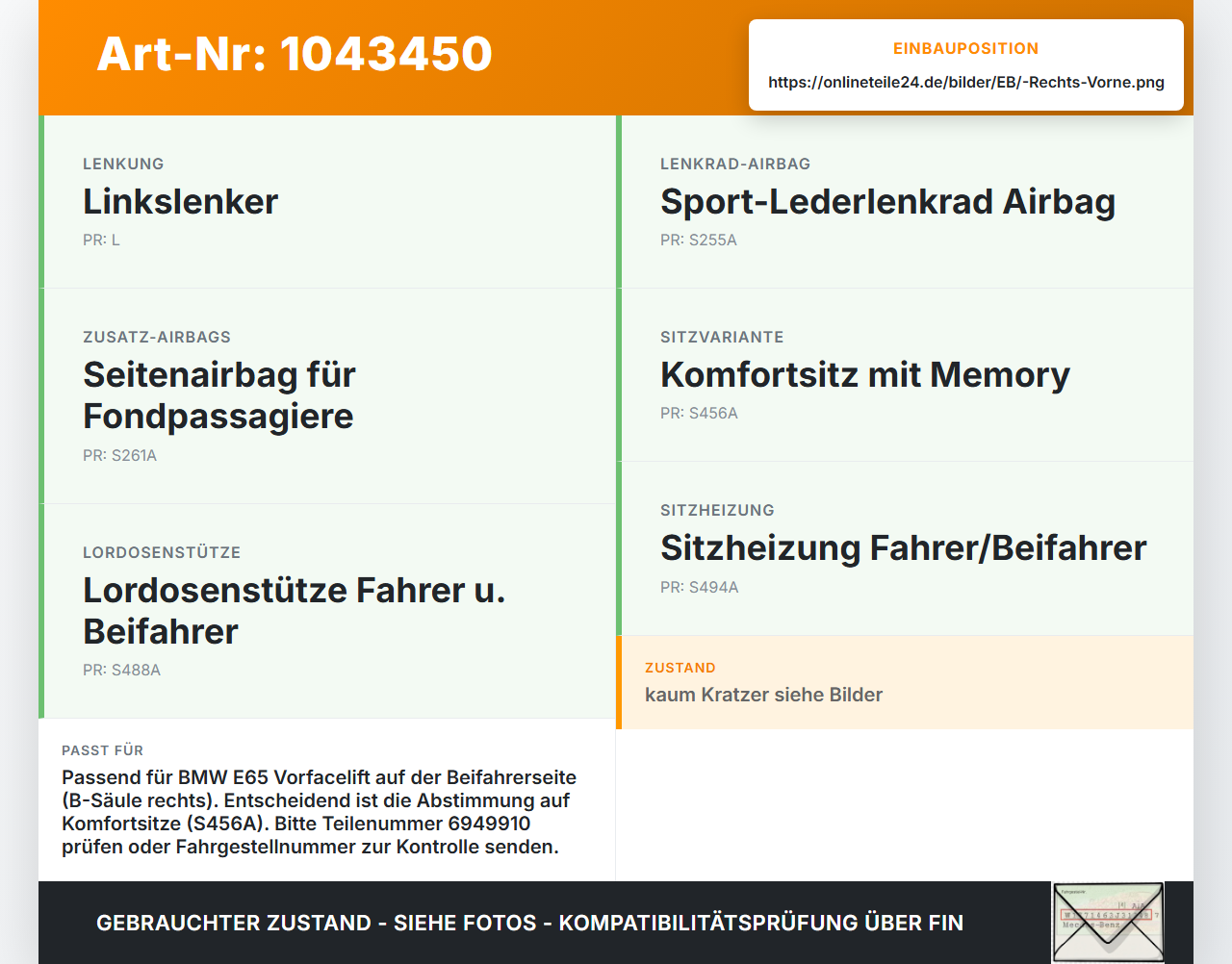 BMW E65 7er 01-05 Airbag Steuergerät Airbagsteuergerät SBSR12 Vorne Rechts BMW E65 7er 01-05 11.09.2003 6949910... Vorschau 3