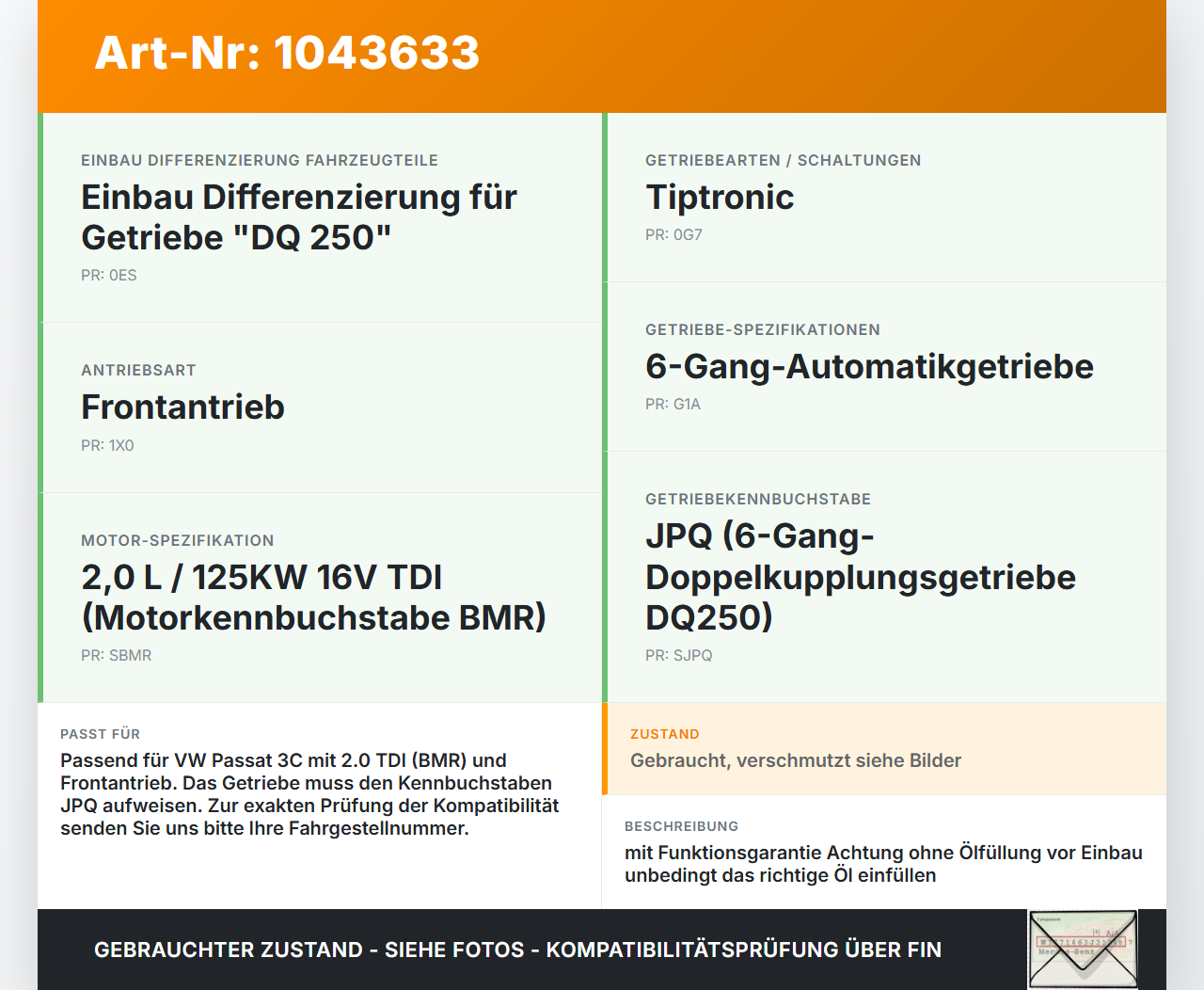 VW Passat 3C B6 05-10 TDI 2,0 125KW JPQ Automatikgetriebe DSG JPQ Getriebe ohne Schwungrad VW Passat 3C B6 05-10... Vorschau 3