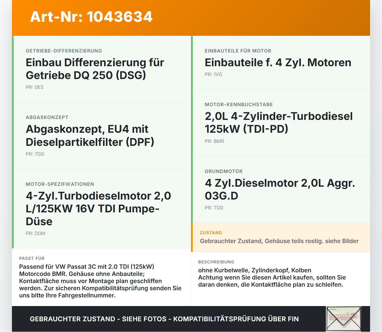 VW Passat 3C B6 05-10 TDI 2,0 125KW BMR Motorblock Motor VW Passat 3C B6 05-10 07.12.2006 03G103011R gebraucht Vorschau 3