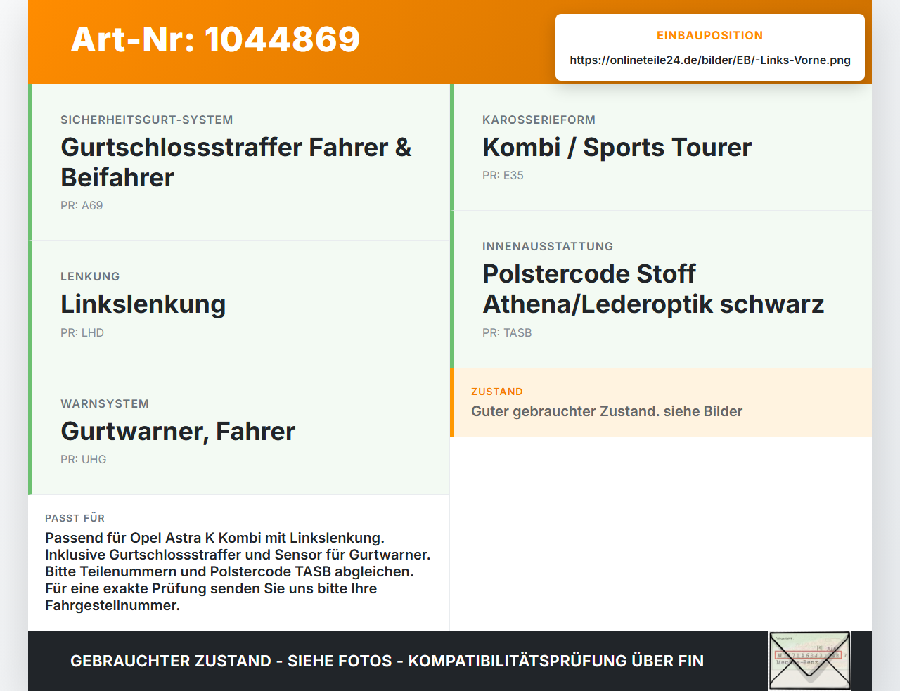 Opel Astra K B16 15-19 Kombi Gurtschloss Links Vorne Opel Astra K B16 15-19 07.06.2017 39016993 34193027 gebraucht Vorschau 3
