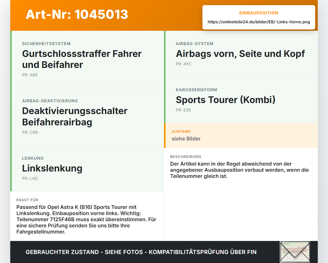 Opel Astra K B16 15-19 Sensor für Airbag Crashsensor Airbagsensor Vorne Links Opel Astra K B16 15-19 07.06.2017... Vorschau 3