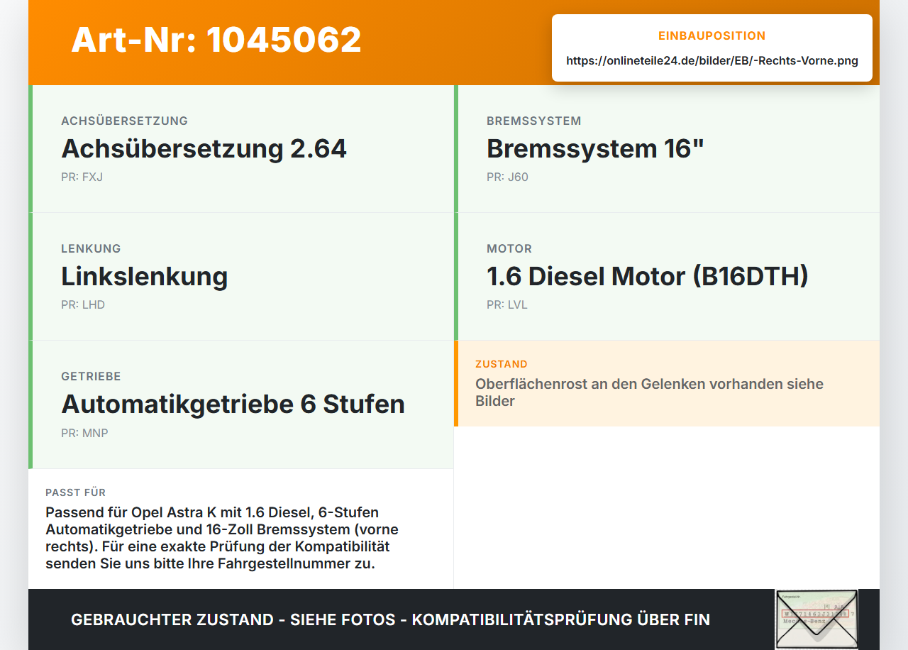Opel Astra K B16 15-19 CDTI 1,6 81KW Autom Antriebswelle Gelenkwelle Rechts Vorne Opel Astra K B16 15-19 07.06.2017... Vorschau 3