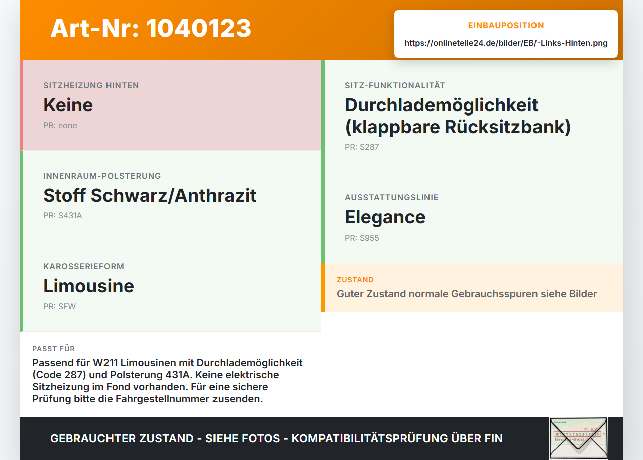 Mercedes W211 E200 02-06 Lim Sitzpolster Links für Rücksitzbank Hinten Mercedes W211 E200 02-06 27.02.2003... Vorschau 3
