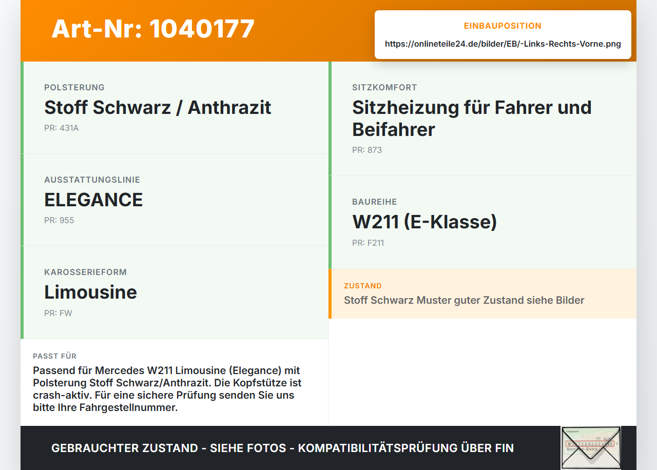 Mercedes W211 E200 02-06 Kopfstütze für Fahrer Sitz Rechts oder Links Vorne Crash Aktiv Mercedes W211 E200 02-06... Vorschau 3