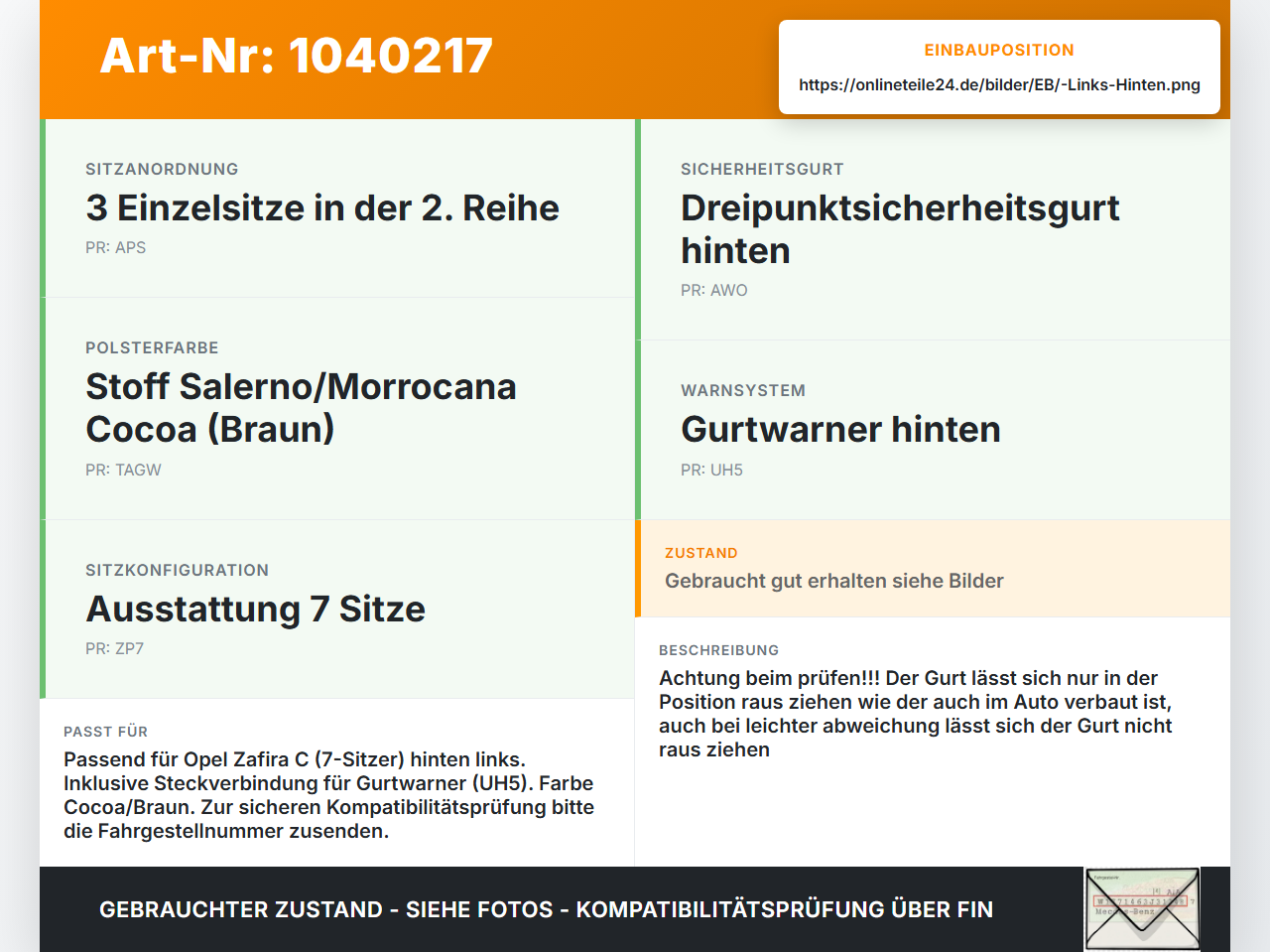 Opel Zafira C 11-16 Gurt Sicherheitsgurt Links Hinten Opel Zafira C 11-16 16.10.2014 619227900C 13332239 13251507... Vorschau 3