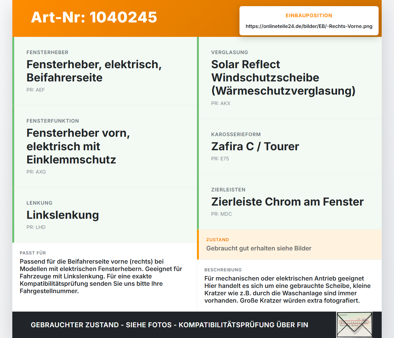 Opel Zafira C 11-16 RVK Seitenscheibe für Tür Türscheibe Rechts Vorne Opel Zafira C 11-16 16.10.2014 gebraucht Vorschau 3