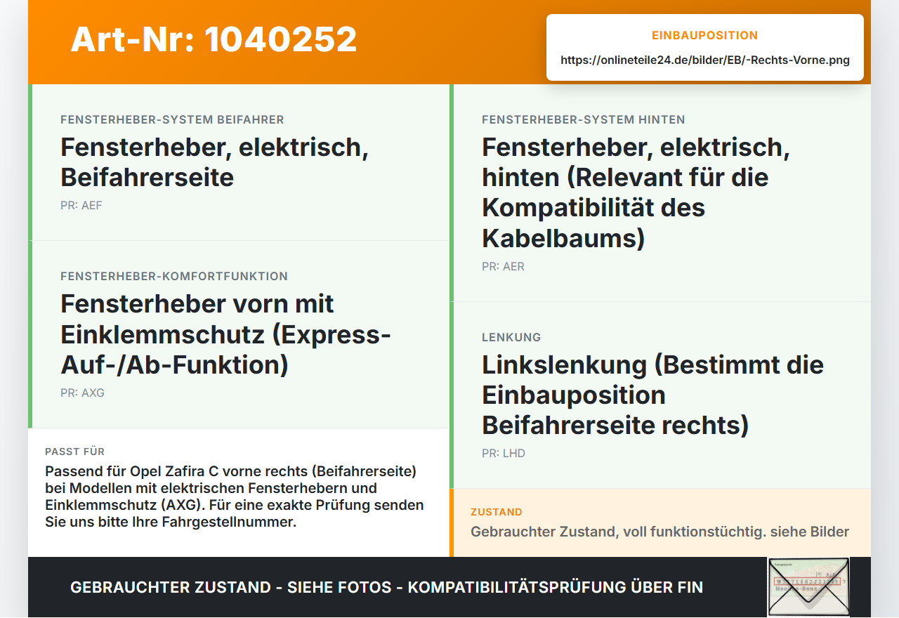 Opel Zafira C 11-16 Fensterheber o. FH-Motor Rechts Vorne Opel Zafira C 11-16 16.10.2014 13260138 927206-103 gebraucht Vorschau 3