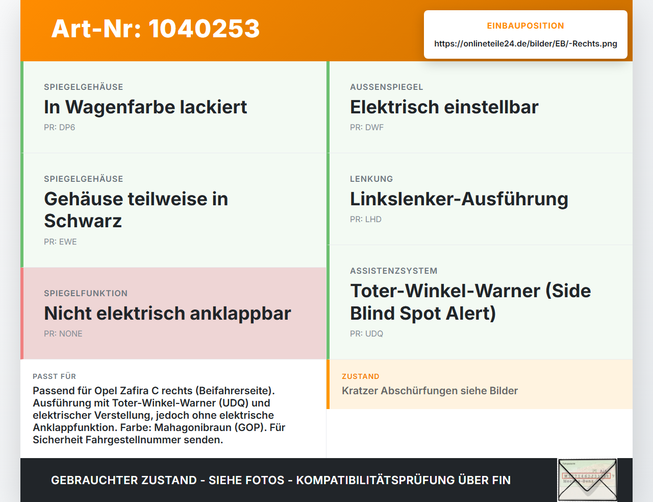 Opel Zafira C 11-16 Spiegel Aussenspiegel Rechts GOP Opel Zafira C 11-16 16.10.2014 13361144 MR570504 K14102-61... Vorschau 3