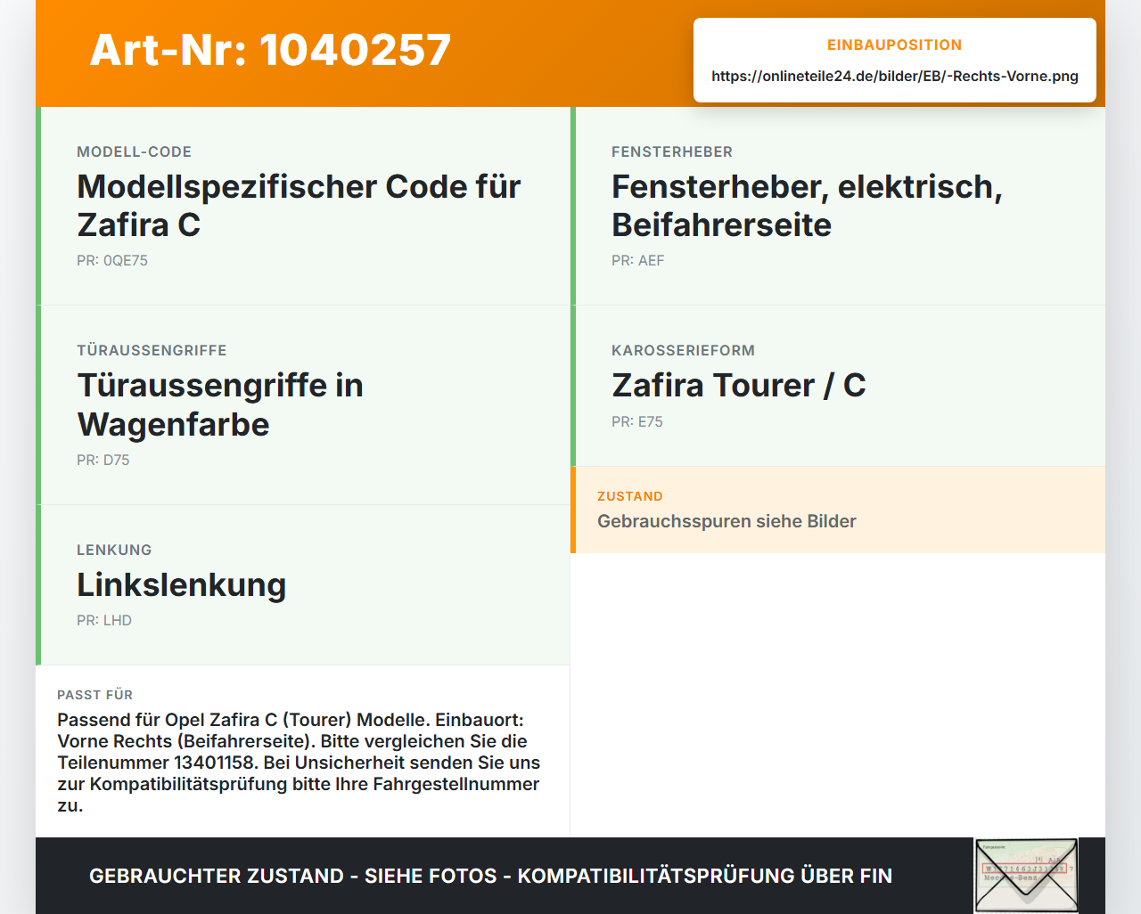 Opel Zafira C 11-16 Türfangband Türbremse Türanschlag Rechts Vorne Opel Zafira C 11-16 16.10.2014 13401158 gebraucht Vorschau 3