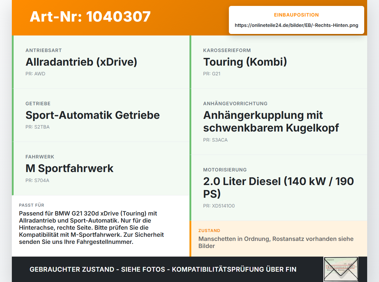 BMW G21 320dx 3er 19-22 Kombi 2,0d 140KW 4WD Antriebswelle Gelenkwelle Rechts Hinten BMW G21 320dx 3er 19-22... Vorschau 3