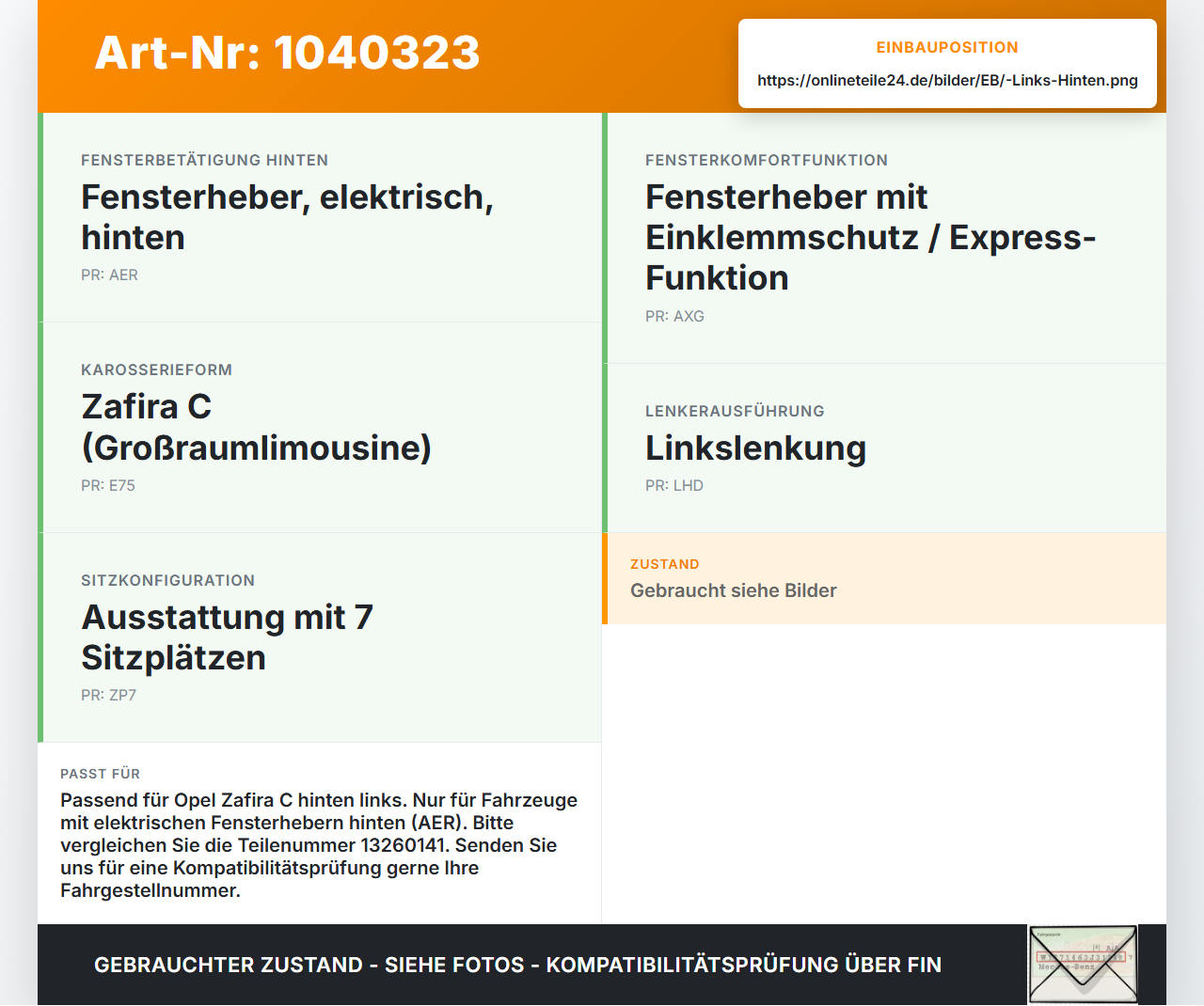 Opel Zafira C 11-16 Fensterhebermotor mit Fensterheber Links Hinten Opel Zafira C 11-16 16.10.2014 13260141... Vorschau 3